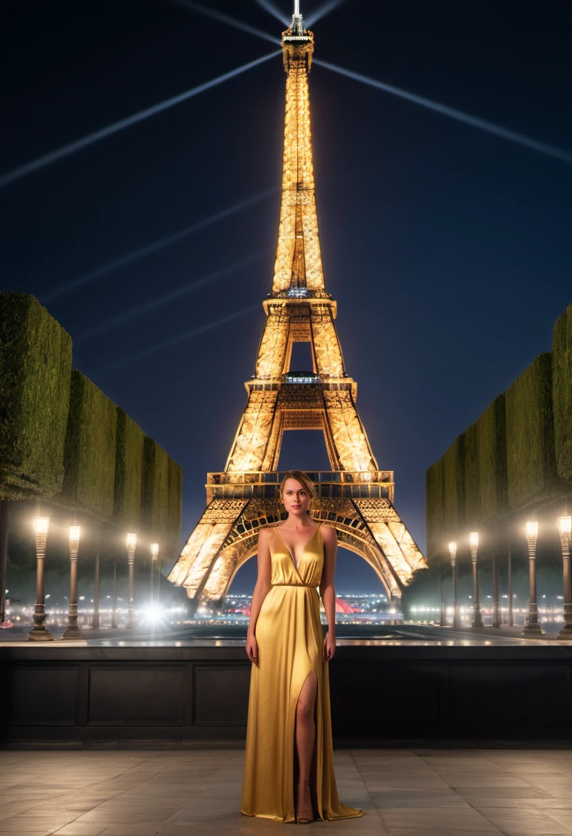 Photorealism masterpiece, high detail,Louisa Lippmann, wearing a golden dress, standing in front of the eiffel tower, at night  , Photorealism, often for highly detailed representation, photographic accuracy, or visual illusion.