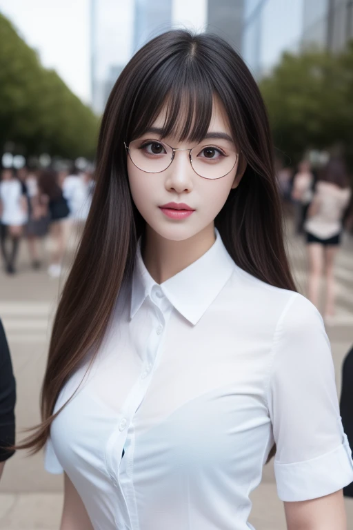 ltra-detailed,highly detailed,best quality,masterpiece,illustration, drawing, realistic, photorealistic,
office_lady, 1girl, solo,
dress shirt, collared shirt,
white shirt,
long hair, bangs,
looking at viewer, upper body,
outdoors, cityscape,
<lora:office lady_v1_04:0.8>