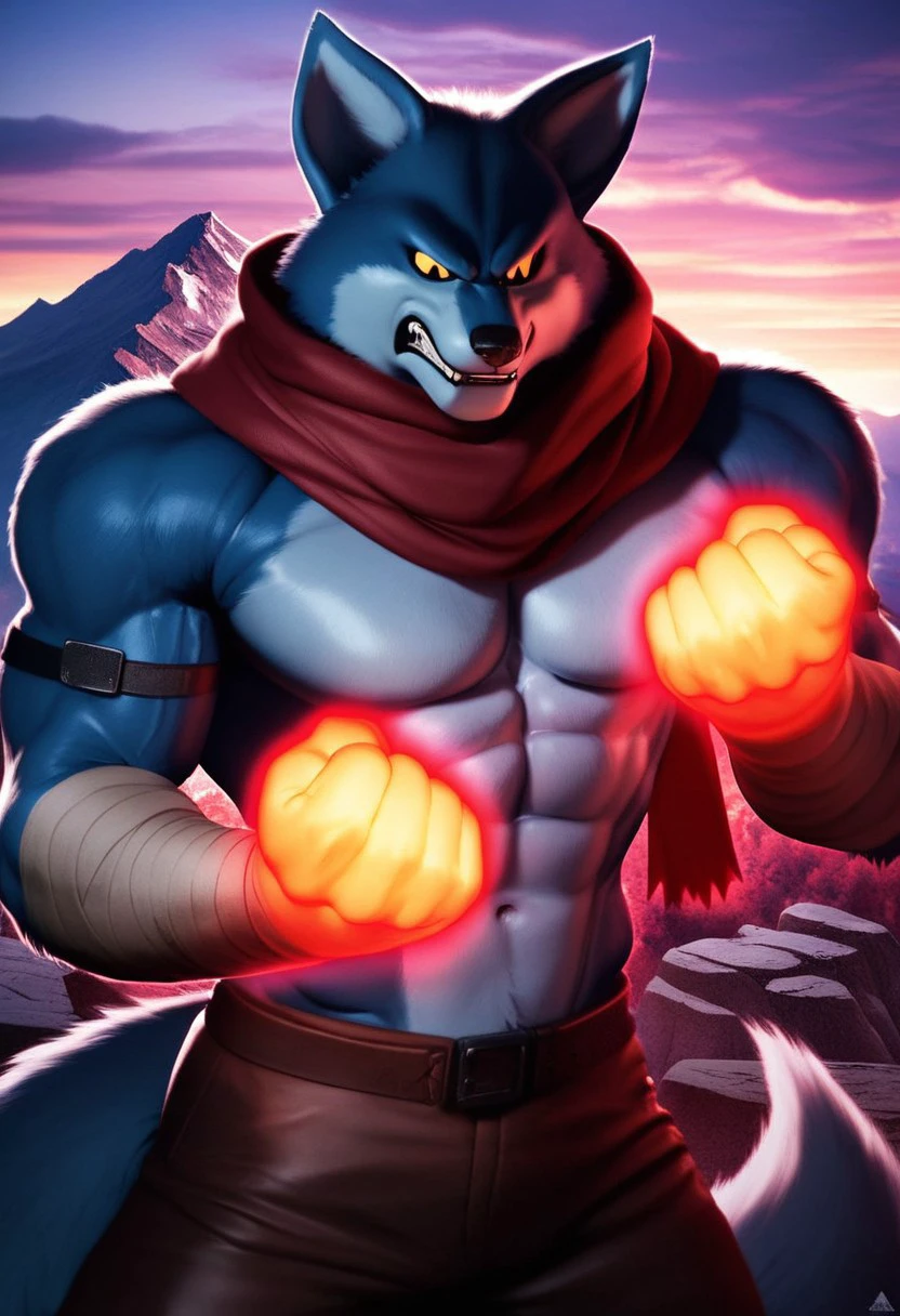 score_9, score_8_up, score_7_up, 1boy, solo, style of akira toriyama, (yellow sclera, red scarf, bandaged arm, tail, fangs, anthro, furry, blue fur, blue body, wolf, red aura, glowing hands), looking down, angry, closed mouth, clenched teeth, muscular male, upper body, powering up,  clenched fists, mountains, mountaintop, gravel, rocks, night, sky, clouds, background, 4k, masterpiece, best quality, highly detailed, realistic