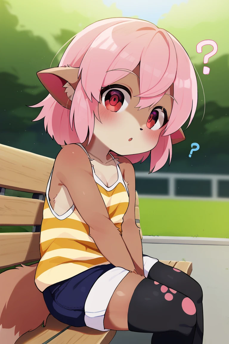 solo, 1girl, female, furry, brown fur, two-tone fur, short hair, pink hair, flat chest, red eyes, dog ears, dog tail, cute face, detailed eyes, perfect anatomy, detailed skin, perfect hands, perfect face, BREAK short shorts, blue shorts, sleeveless shirt, striped shirt, black thighhighs, pink paw pattern, BREAK :O, ?, head tilted side, seated on bench, bench, park, outdoors, colorful, dutch angle, side view, BREAK ((ultra-detailed)), ((best quality)), ((best quality)), ((beautiful eyes)), ((extremely detailed)), 4K, (8K), best quality, (beautiful), Master piece, highres, score_9, score_8_up, score_7_up, score_6_up, score_5_up, score_4_up, colorful, best quality, official art, highres, masterpiece, nai3, god light, detailed background, high quality background, AddXL, <lora:more_details:1> <lora:light_sharp_style_magin3.1:1>  <lora:Momo_Dagasi:1>