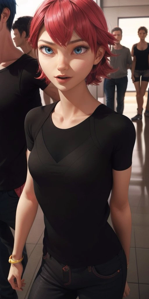 Hyperrealistic, photorealistic, highly detailed, body like in real life, perfect face, black T-shirt, black trousers, expressive brilliant cerulean eyes, short hight, red hair, fifteen years old, very little very flat breasts, octane render, unreal engine, highly detailed photorealistic background, droped shadow, bokeh, cinematic lighting, unreal engine, octane render, <lora:add_detail:0.5>, <lora:Volumetric_lighting:0.6>, Kubdel, Alix, , <lora:b5a1a206-402a-4cd9-b015-27a99c92ff02:0.7>