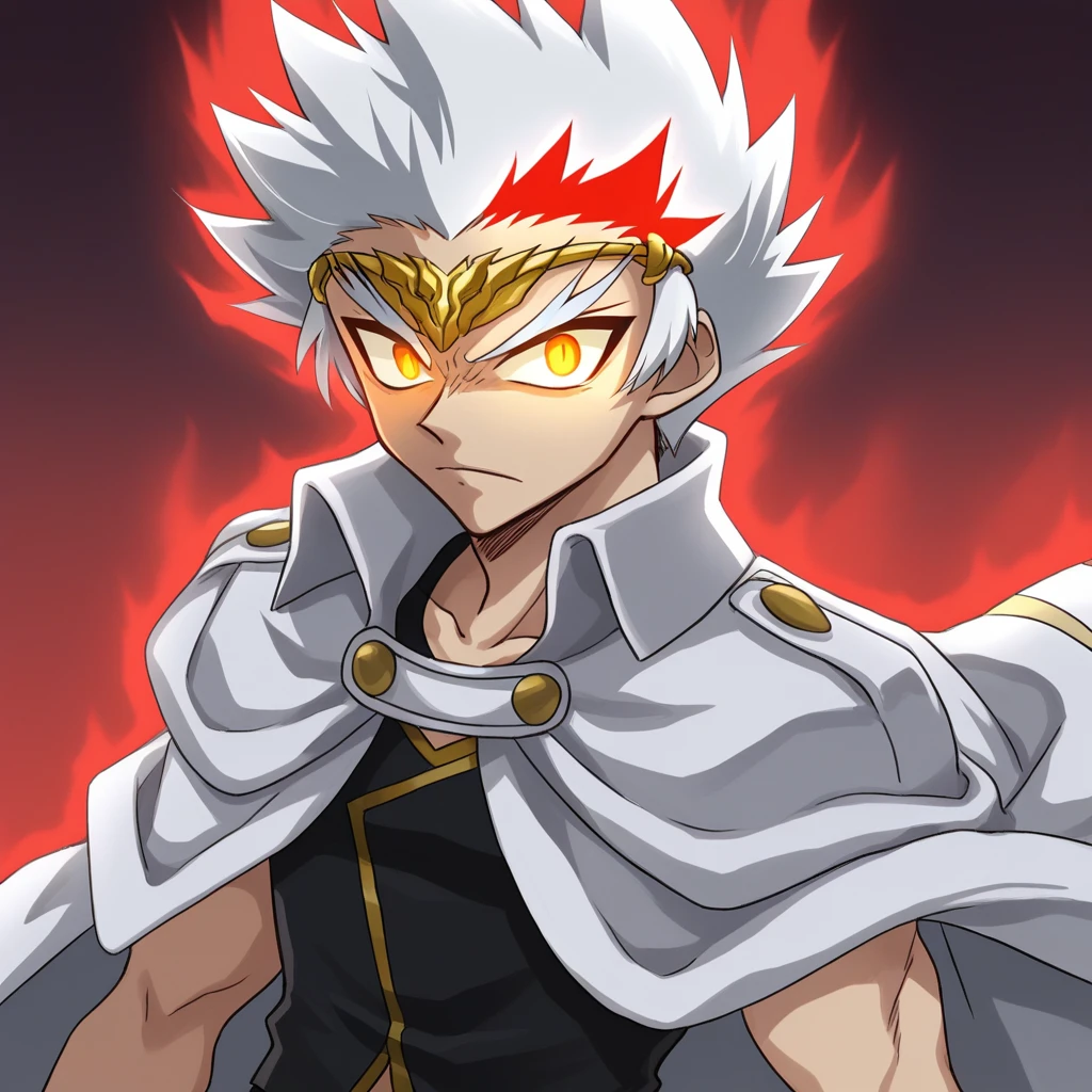 score_9_up, BREAK, Ryuga, 1boy, solo, white hair, spiked hair, amber eyes, black tank top, white Jacket on shoulders, black pants, <lora:Ryuga_Beyblade_Leaf1:1>, upper body, glowing eyes, red aura,