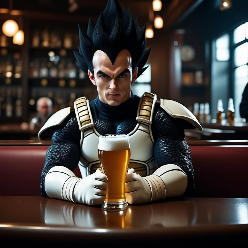 cinematic photo a full body portrait of a man, black spiked hair, saiyan armor, white gloves, white boots, tail, solo, having a beer in a pub <lora:Vegeta1024:0.8> . 35mm photograph, film, bokeh, professional, 4k, highly detailed