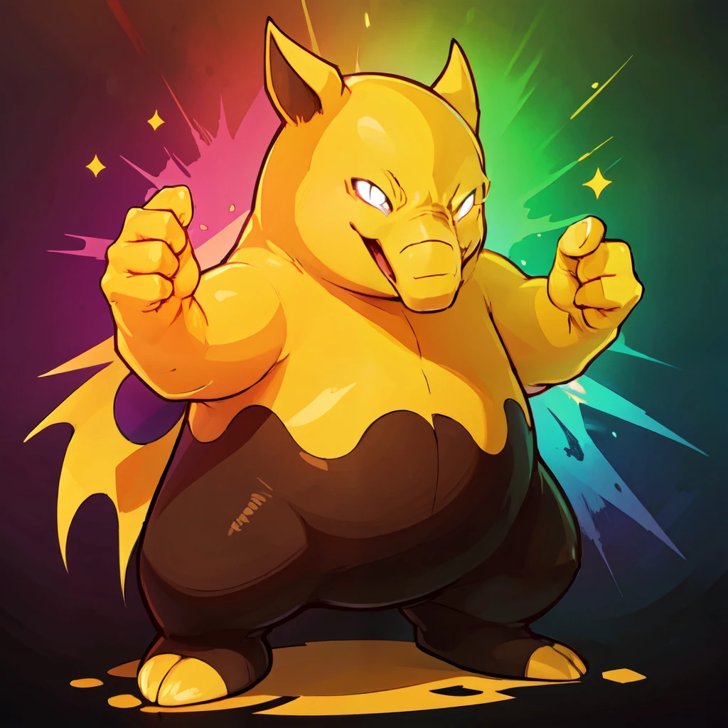 ((masterpiece,best quality)), absurdres, <lora:Drowzee_Pokemon:0.7>,   zzDrwz, smile, standing, full body, black eyes, shiny skin, hands up, glowing, , glowing eyes, multicolored background, pokemon move, rainbow background,