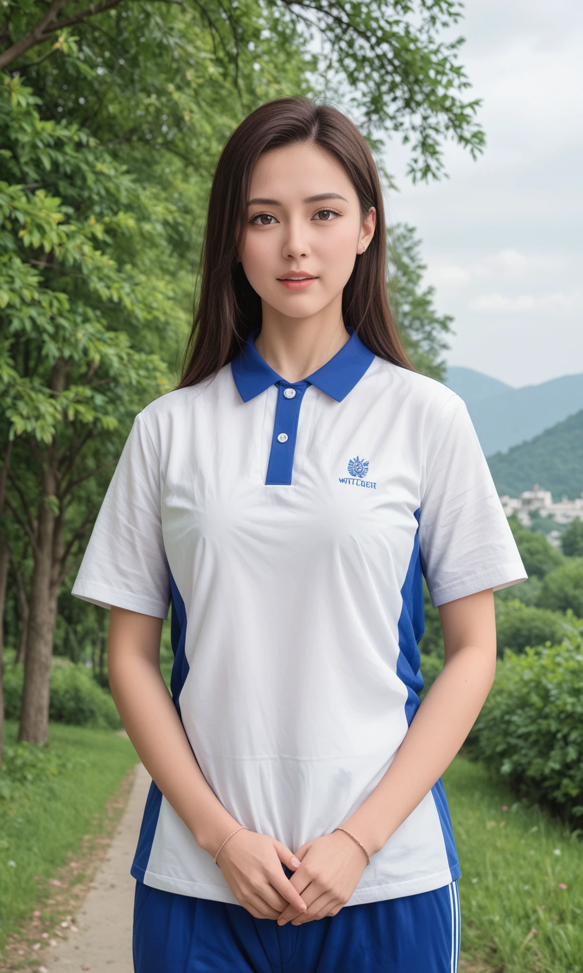 <lora:Pony Shenzhen_school_uniform:1>, 1girl, white shirt, blue pants, outdoors, upper body