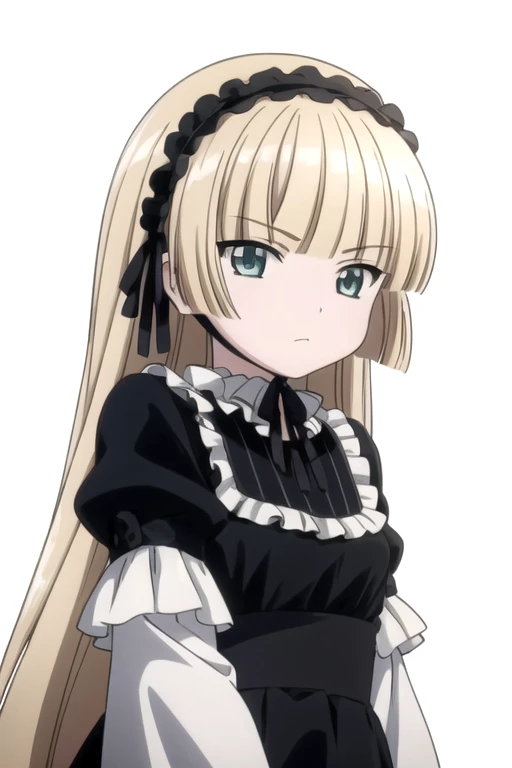 solo, 1girl, looking at viewer, 2D, anime, official style, anime coloring, anime screencap, upper body, (simple background, solid white background:1.3), <lora:victorique-gosick:0.8>, victorique de blois, gothic, hairband, black dress, ribbon, frills, chin strap