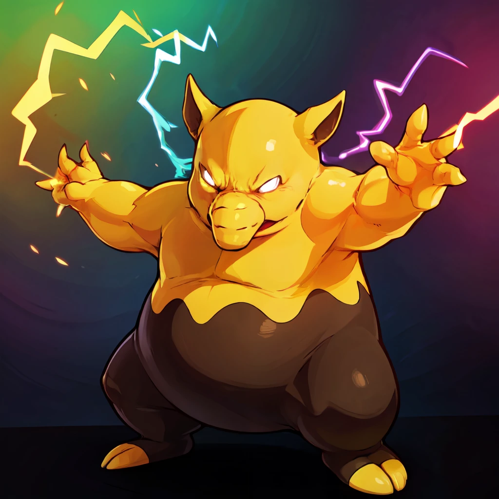 ((masterpiece,best quality)), absurdres, <lora:Drowzee_Pokemon:0.7>,   zzDrwz, smile, standing, full body, black eyes, shiny skin, hands up, glowing, , glowing eyes, multicolored background, pokemon move, rainbow background,