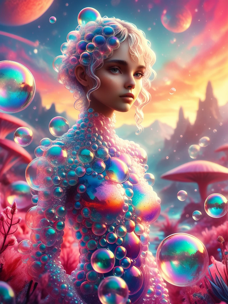 exotic alien girl made out of soapbubbles in another world landscape, 8k RAW photo, famous artwork, psychedelic art, soft shadows, bioluminescens color, modern ink, by Anna Razumovskaya
