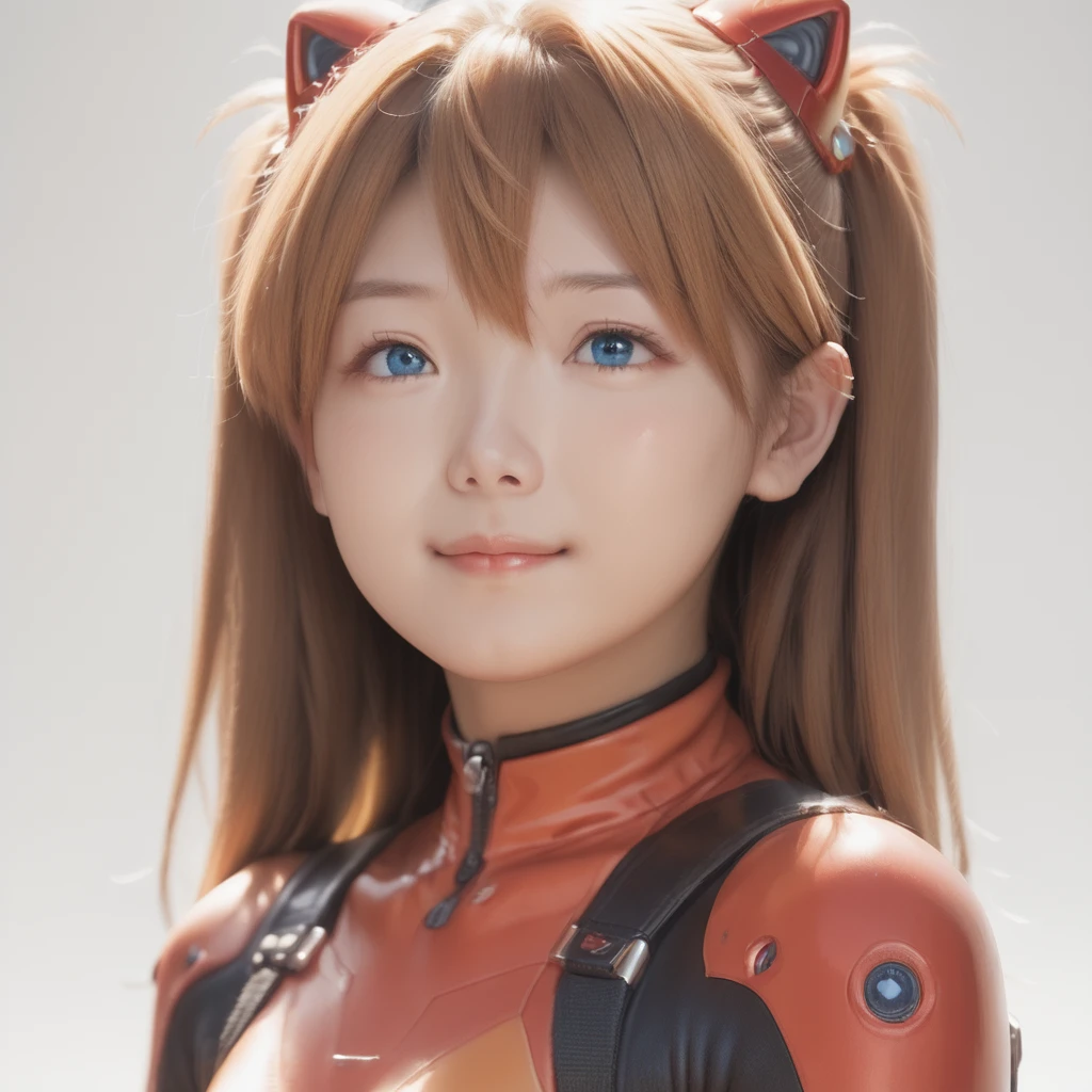 masterpiece, hires, photorealistic, 1girl, asuka,solo, close-up, upper_body,simple background, looking at viewer, smiling