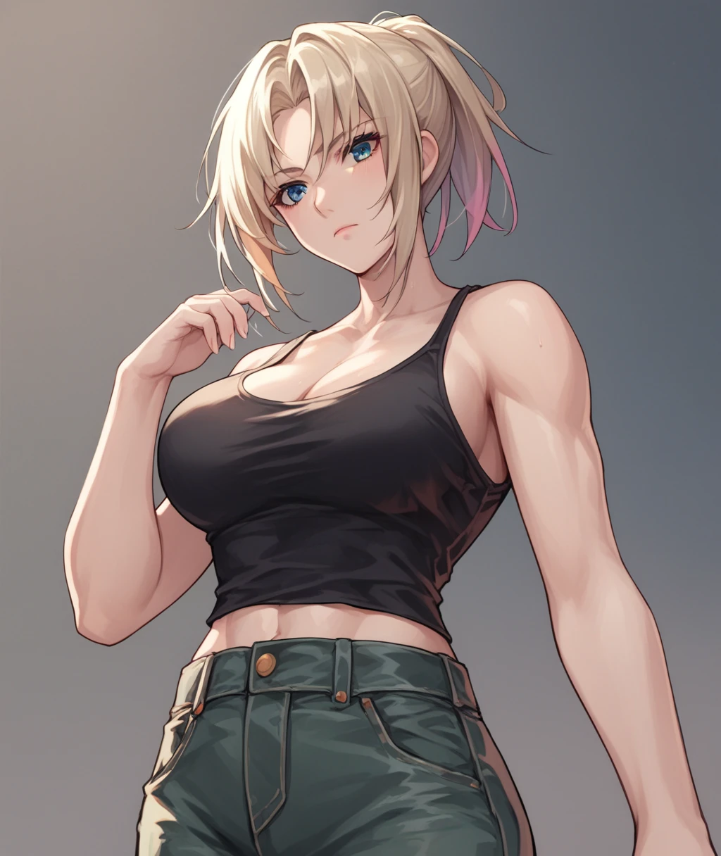 score_9, score_8_up, score_7_up, source_anime, BREAK, colorful, 1girl, solo, Latrova, large breasts, black tank top, military pants