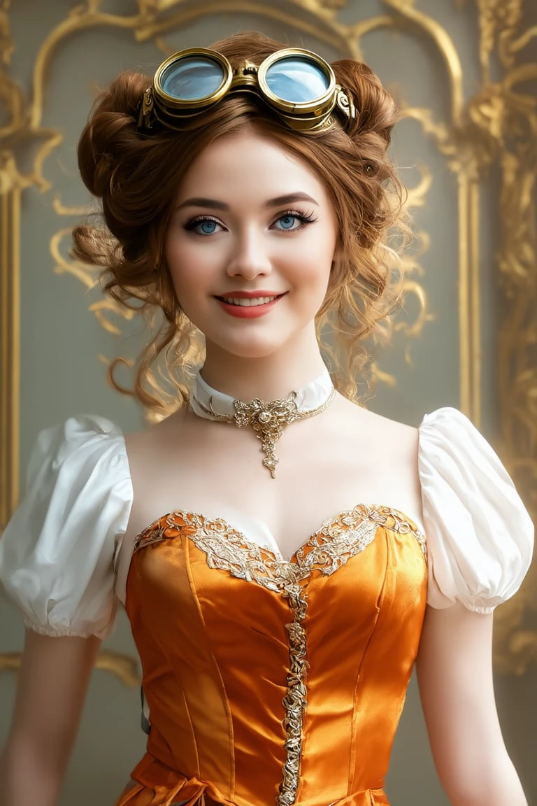 Whimsical steampunk beauty, radiant smile, freckled face. Messy updo with loose curls, golden-brown hair. Piercing blue eyes, long lashes. Brass goggles atop head. Ornate choker and delicate necklaces. Sunlit skin, rosy cheeks. Shimmering orange corset top. Victorian-inspired white blouse. Intricate background with gilded details. Warm, ethereal lighting. Hyper-realistic portrait style. Blend of vintage and fantasy elements. Sparkles and lens flares. Soft bokeh effec