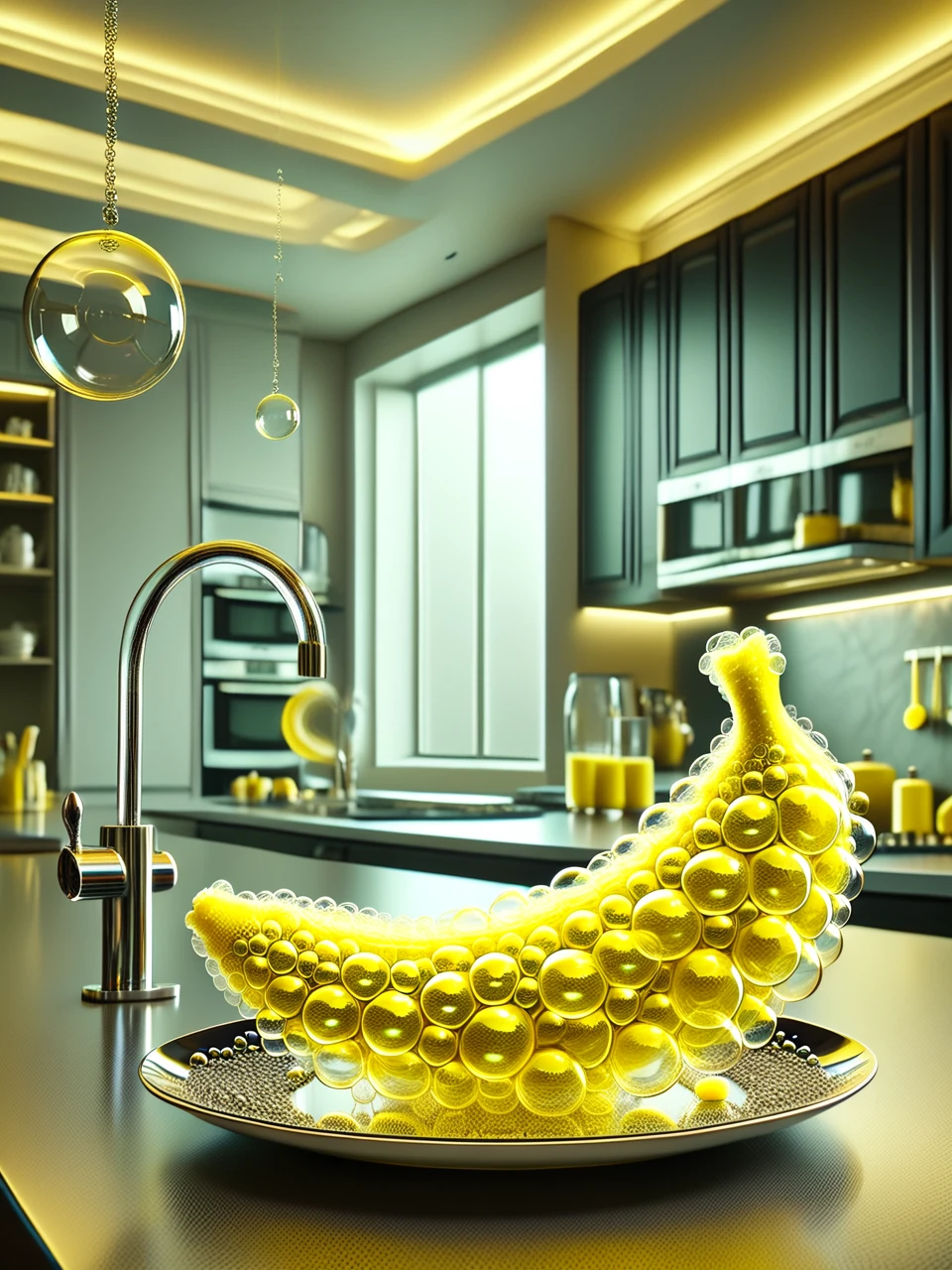 yellow soapbubbles banana on a plate in modern kitchen, ultra high res, best quality, neoclassicism, sensual