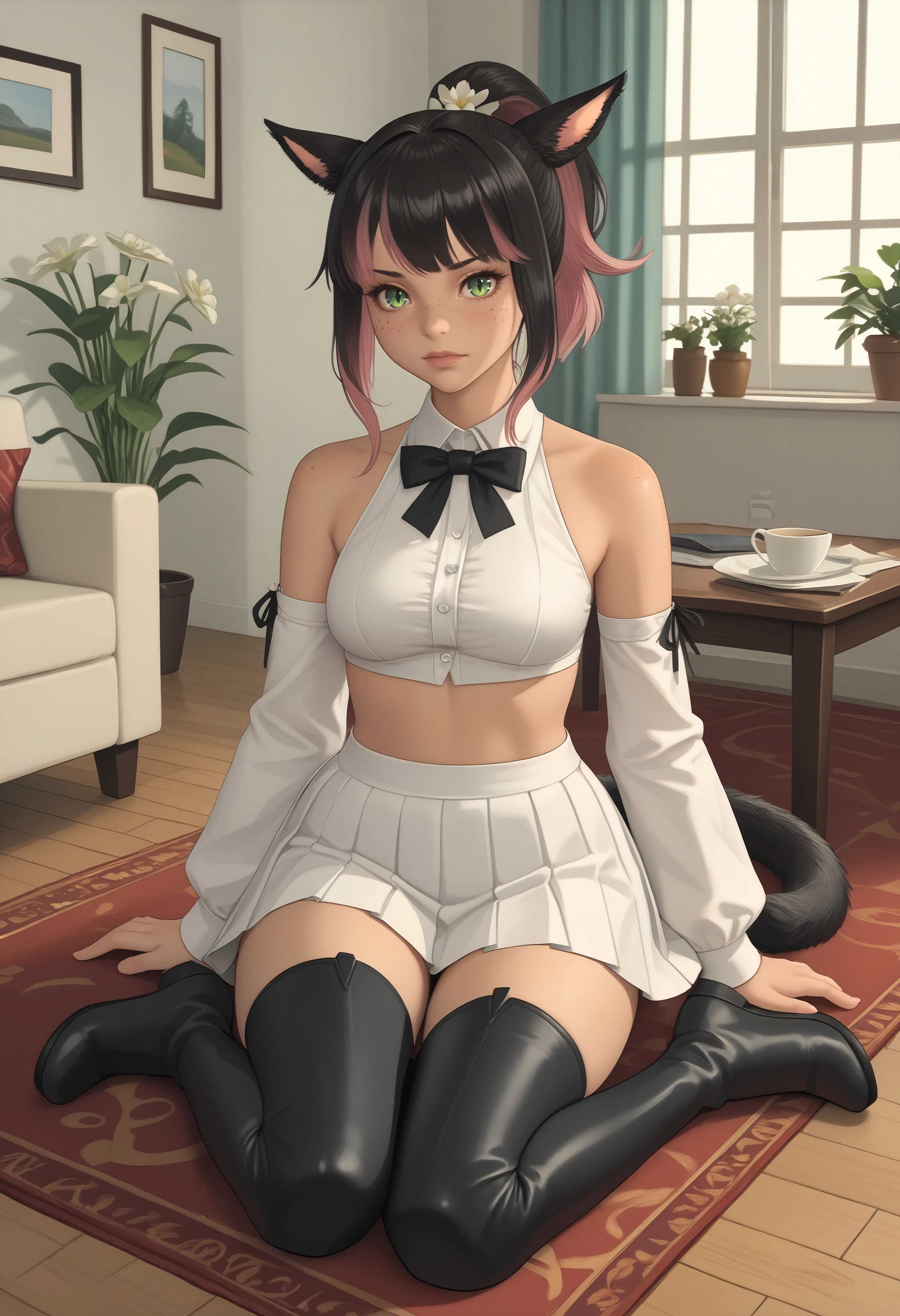 score_9, score_8_up, score_7_up BREAK <lora:clamXIVMC_v20:1> xivmc, animal ears, two-tone hair, ponytail, green eyes, slit pupils, freckles, tail, white flower in hair, detached sleeves, bare shoulders, white top, black bowtie, breasts, white skirt, pleated skirt, miniskirt, zettai ryouiki, thigh boots, black thighhighs, black footwear, indoors, table, couch, window, carpet, wooden floor, plant, looking at viewer,