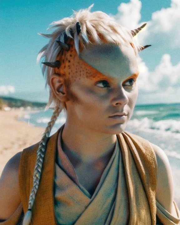 <lora:jecki_lora:0.8>jecki, female, alien, 1girl, solo, small horns on sides of head, no eyebrows, chalky white skin, orange stripe on temples, spots on skin, short blonde hair, single braid, padawan braid, calm expression, wearing jedi robes, on the beach, ocean, palm trees, outdoors, facing viewer, front view, medium shot, dafne keen, perfect summer day