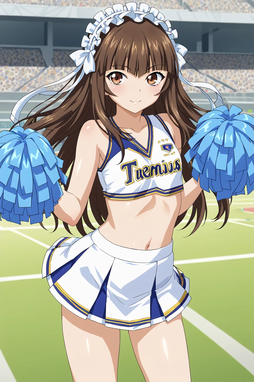 score_9, score_8_up, score_7_up, BREAK source_anime, masterpiece, anime screencap, shiny skin, 
1girl, ten'i, long hair, brown hair, bangs, brown eyes, aid headdress, <lora:teni_pony:1>
cheerleader
standing, looking at view, smile,