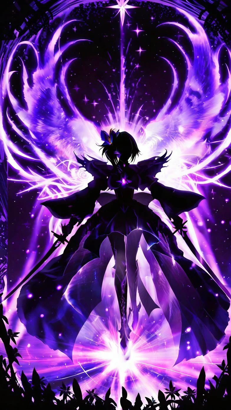 beautiful on a beautiful star-filled night, a insane crazy purple iris is cutting through the darkness with a sword of light, (silhouette), harada miyuki style, masterpiece, best quality, <lora:harada_miyuki_style:1>