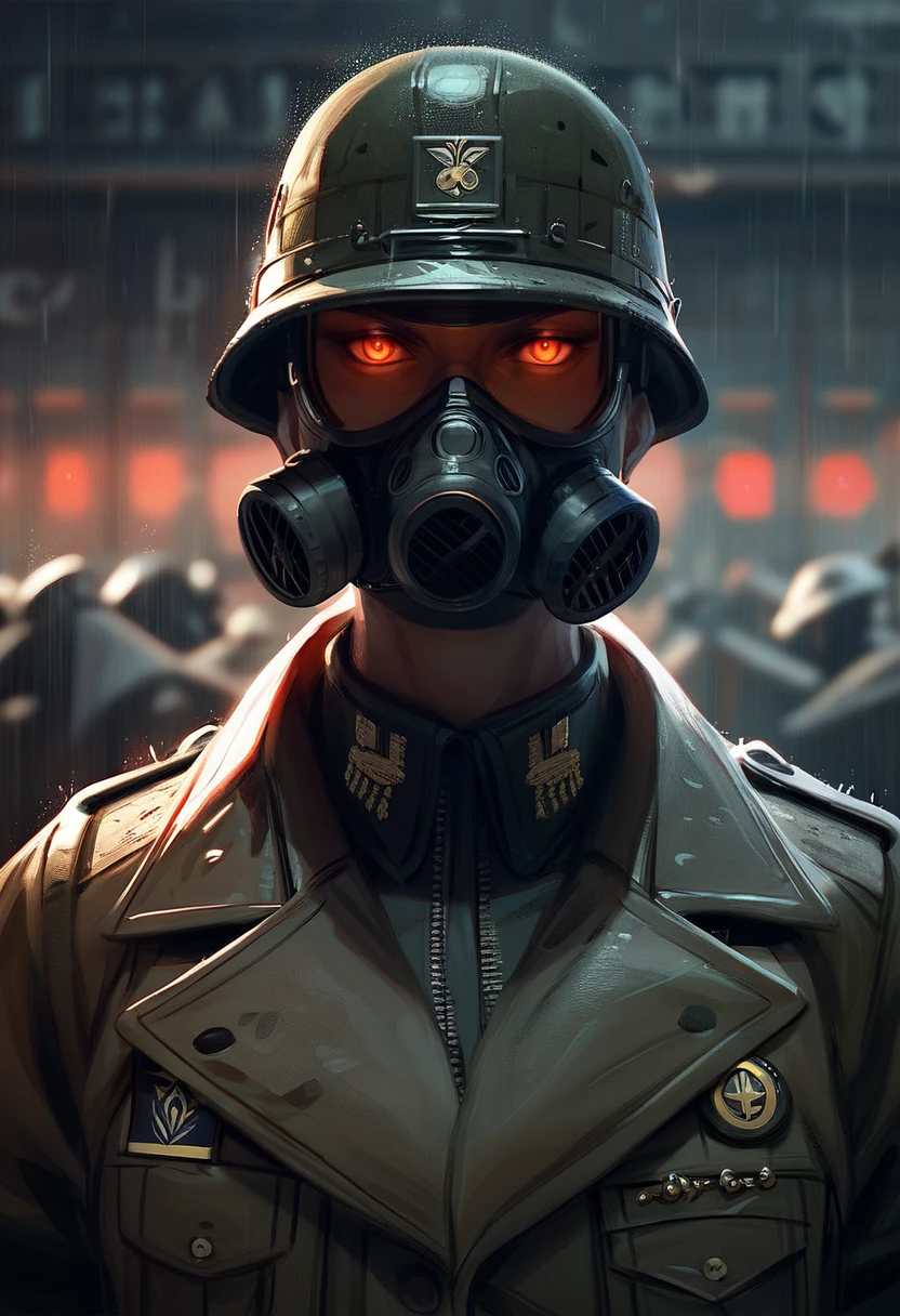 score_9, score_8_up, score_7_up, score_6_up, gwzs, detailed drawing, soldiers, gas masks, helmets, glowing eyes, rain, dark and gloomy atmosphere, trench coats, military gear, insignia, somber expressions, war setting, dramatic lighting, detailed, shaded, intense mood