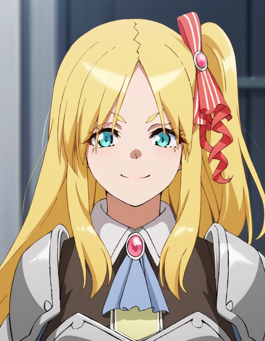 score_9, score_8_up, score_7_up, score_6_up, score_5_up, score_4_up, source_anime,  Gloria, blonde hair, long hair, blue eyes, side ponytail, armor,  portrait, soft smile