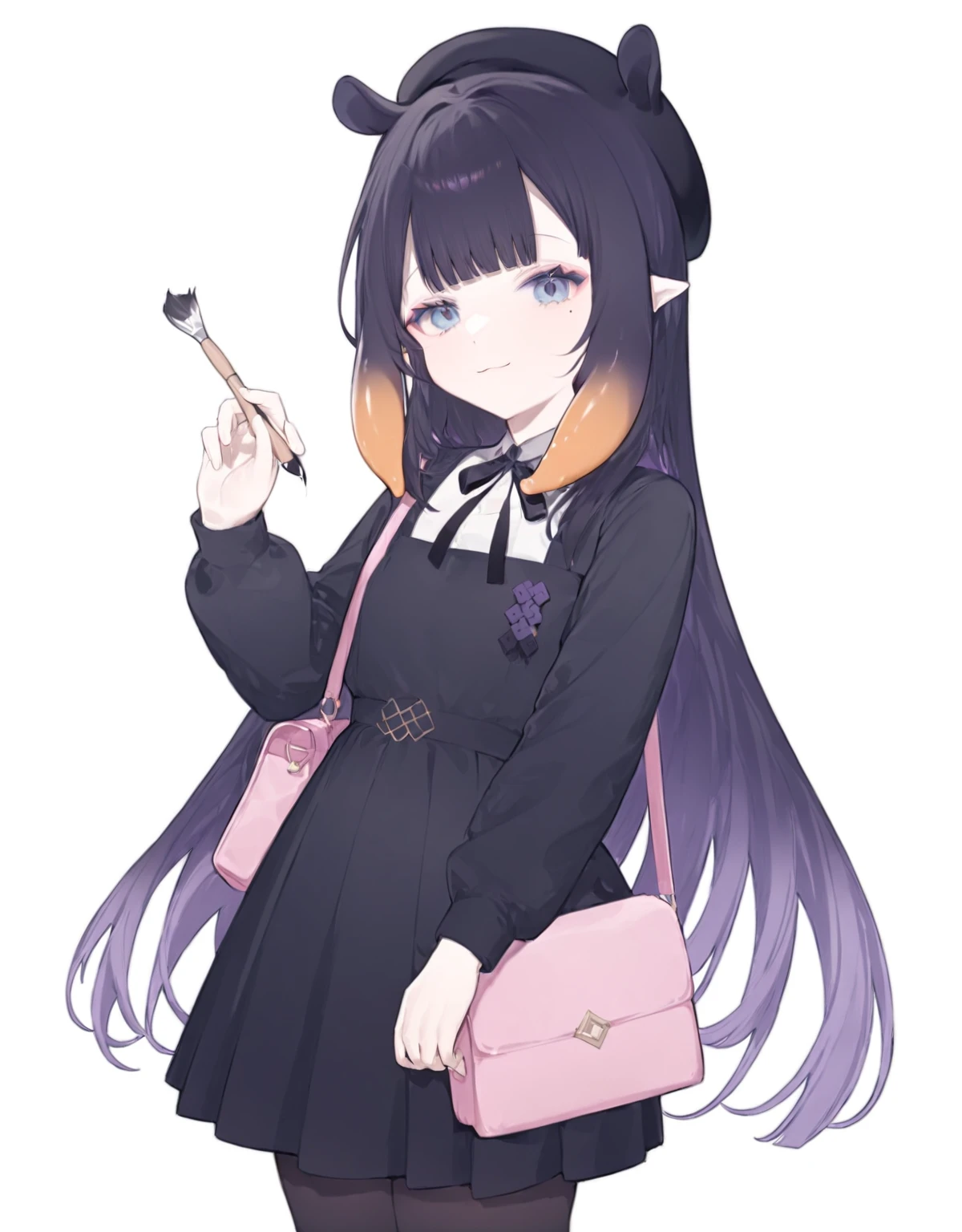 <lora:viola:1>,1girl, ninomae ina'nis, virtual youtuber, solo, long hair, pointy ears, tentacle hair, dress, orange hair, multicolored hair, smile, hat, gradient hair, blunt bangs, holding, palette (object), bag, very long hair, sidelocks, purple hair, paintbrush, mole under eye, looking at viewer, holding paintbrush, black dress, beret, pantyhose, white background, mole, simple background, blue eyes, black headwear, handbag, long sleeves, shirt, sleeveless, sleeveless dress, official alternate costume, closed mouth, pleated dress, pinafore dress, shoulder bag, ribbon, black ribbon, pink bag, headpiece, neck ribbon,, masterpiece,newest,absurdres,safe,