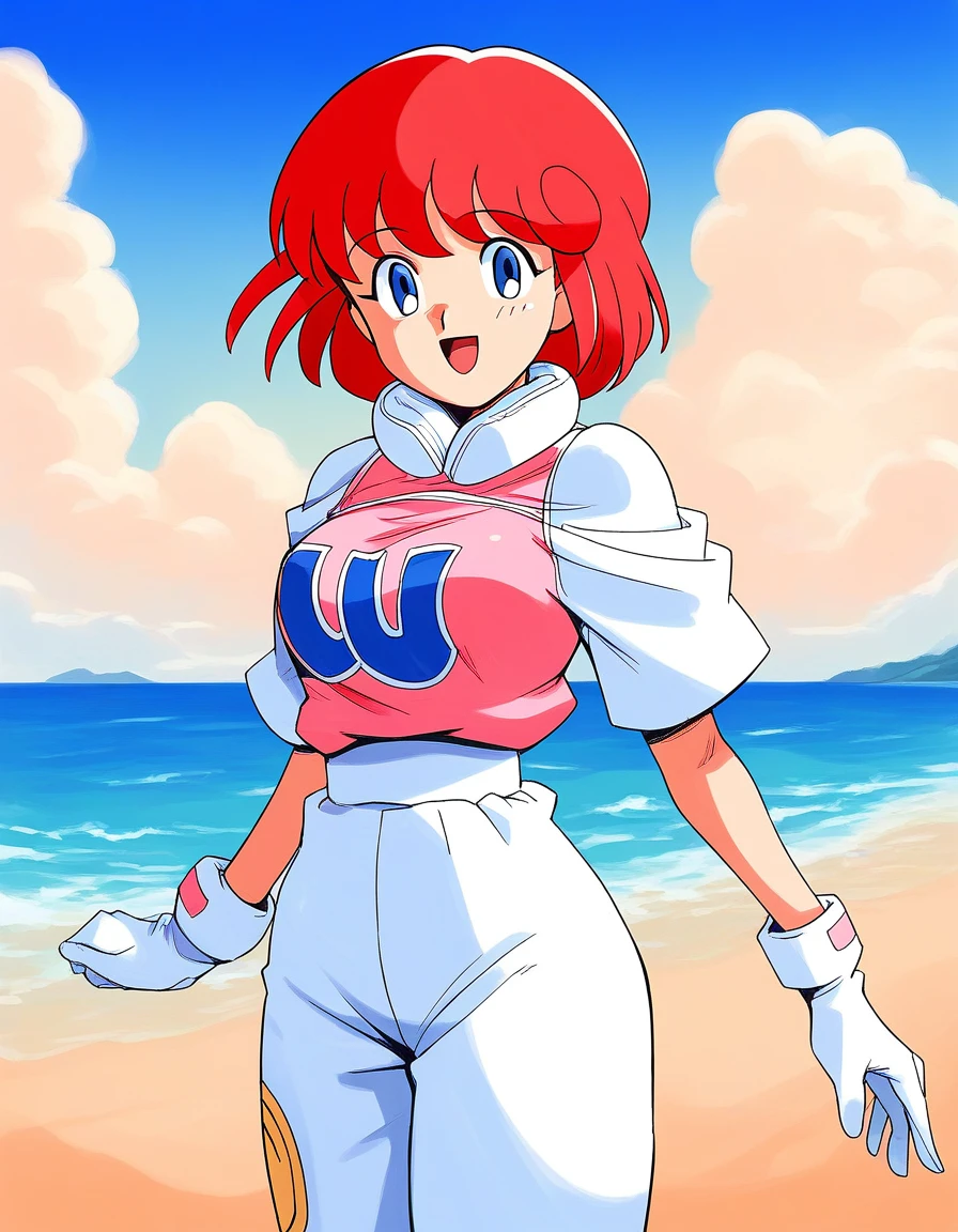 score_9, score_8_up, score_7_up, source_anime, rating_explicit, BREAK  <lora:Pastel_TwinBee_XL:1> Pastel_TwinBee, red hair, blue eyes, short hair, bangs, medium breasts,
1girl, gloves, open mouth, smile,  looking at viewer, white gloves, short sleeves, 1990s (style), cowboy shot, long pants, 
sky, blue sky, cloud, beach,