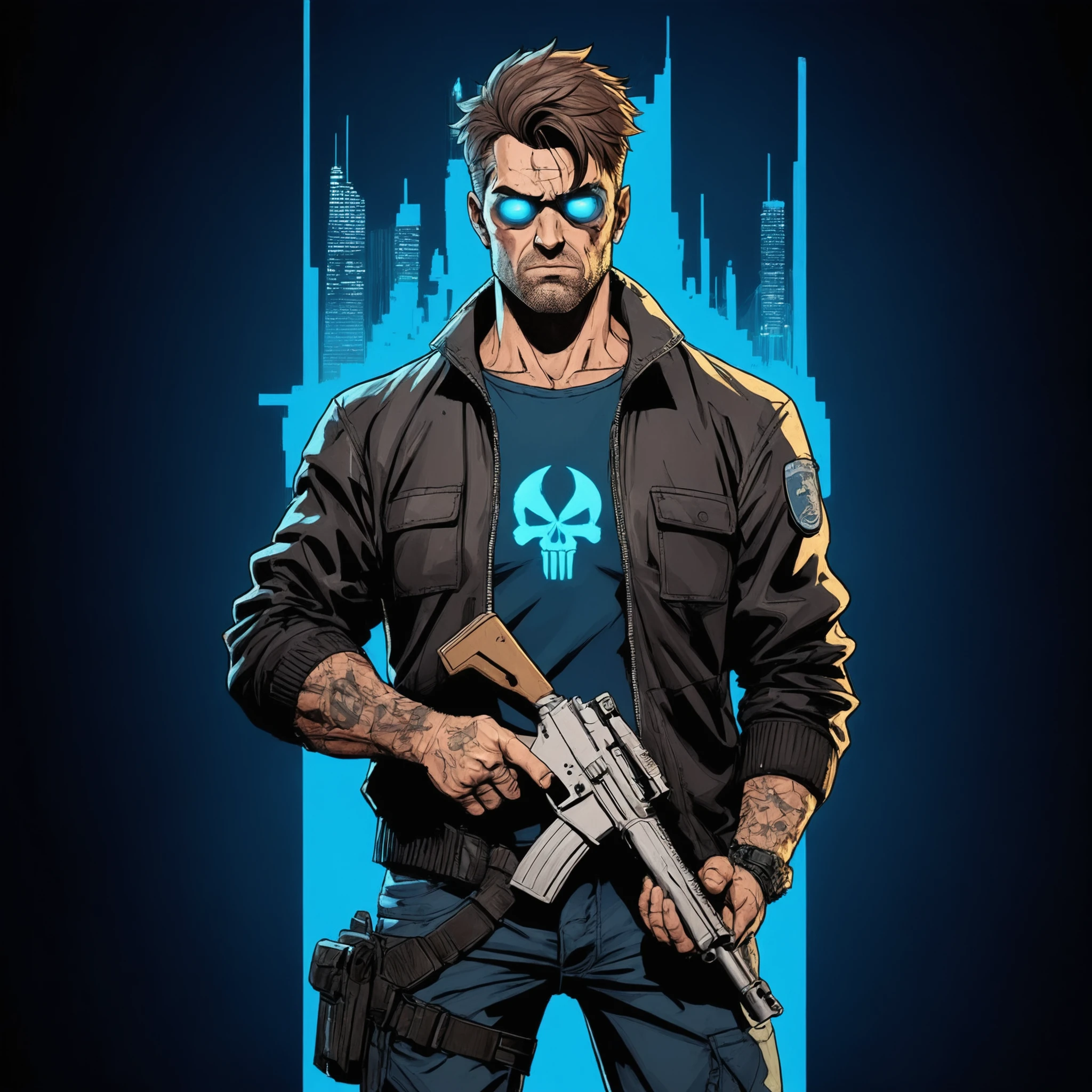 dark cyberpunk illustration of brutal 2d animation, AndrwTggrt, cybernetics, holding a gun, tough, brown hair, blue eyes, looking at the viewer in a world without hope, ruled by ruthless criminal corporations. best quality, high resolution