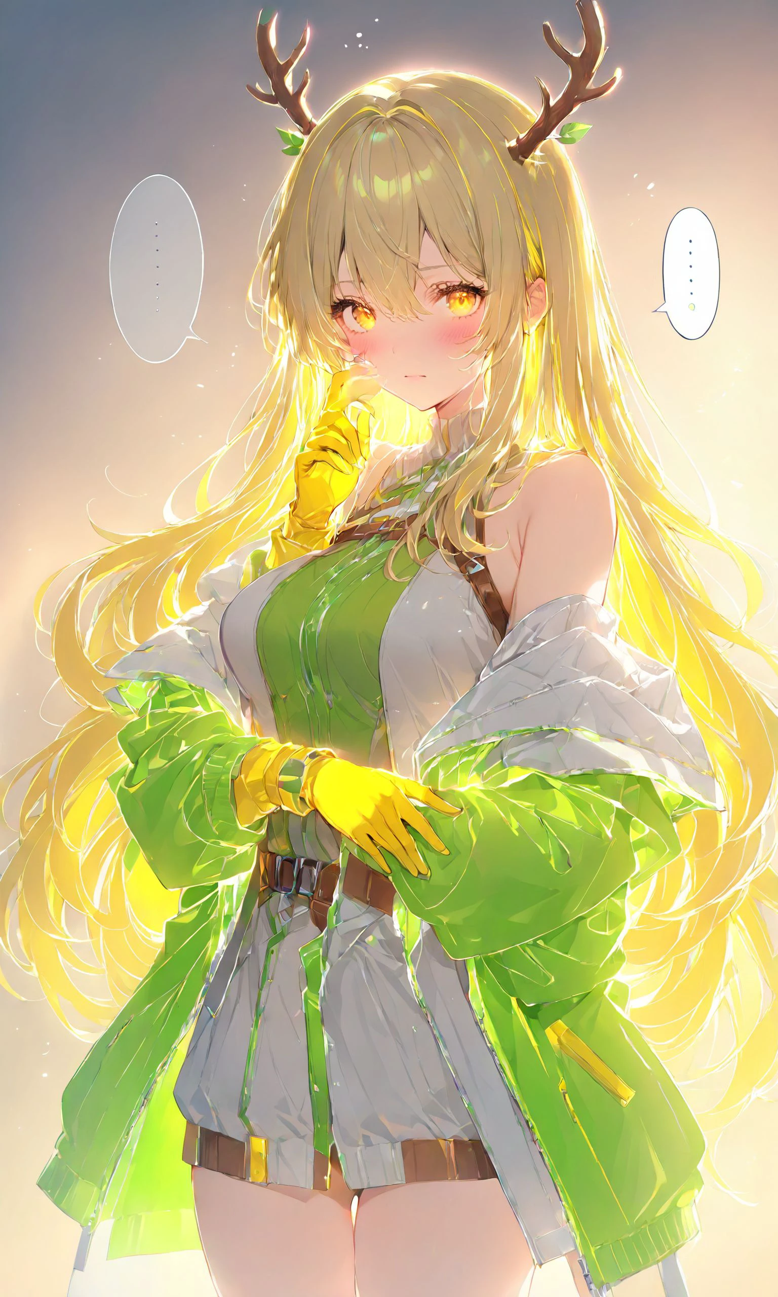 1girl, solo, long hair, looking at viewer, blush, bangs, blonde hair, gloves, long sleeves, dress, hair between eyes, bare shoulders, very long hair, closed mouth, jacket, yellow eyes, grey hair, multicolored hair, cowboy shot, green hair, open clothes, hand up, off shoulder, open jacket, hair intakes, white jacket, ..., hand on own face, spoken ellipsis, antlers, yellow gloves
,masterpiece, best quality, score_9, score_8_up, score_7_up, ultra-detailed, Best-A, Medium-B, Low-C, Bad-D,   <lora:Poutlines:0.8>