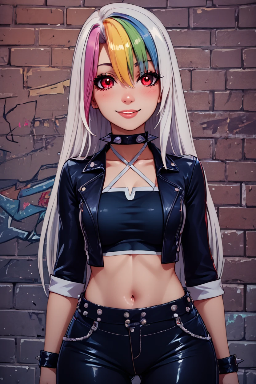 score_9, score_8_up, score_8, medium breasts, (curvy), cute, eyelashes,       BREAK, , <lora:RoxyCitronOCPDXL_v2:0.8>,  Roxy_Citron_OC,  1girl, solo, red eyes, white hair, rainbow hair, long hair, streaked hair, hair between eyes,, BREAK, (ultra realistic,32k, masterpiece:1.2),(high detailed skin:1.1),( high quality:1.1), curvy, head tilt, hearts, blush, lips, curvy, head tilt, shiny clothes, (upper body), looking at viewer, bokeh, luminescent background, smile, looking at viewer,  leather jacket, leather pants, black jacket, tight pants, black choker, zipper, biker clothes, spikes,  multiple belts, shiny clothes, high collar, (graffiti:1.2), brick wall, cowboy shot, embedding:zPDXL, Expressiveh,  <lora:RlAnmPDXL:1.0>,