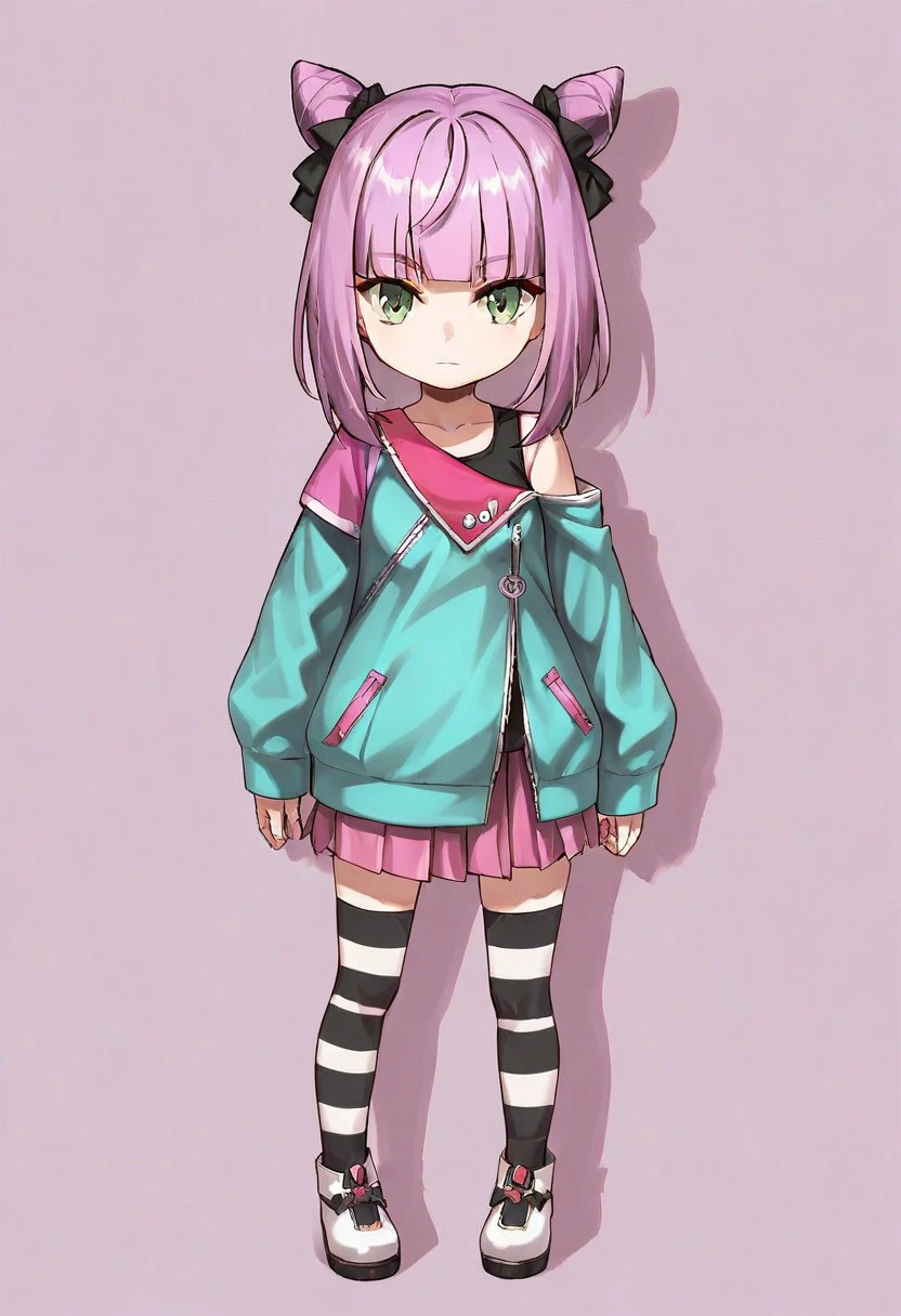 score_9,score_8_up,score_7_up, shinagawa_haru, cardfight!!_vanguard, 1girl, solo, skirt, purple hair, hair bun, striped, chibi, double bun, pink skirt, pleated skirt, bangs, cone hair bun, full body, off shoulder, blunt bangs, jacket, standing, looking at viewer, hair bow, thighhighs, green eyes, bow, striped thighhighs, long sleeves, pantyhose, shirt, closed mouth, black bow, tank_top, black shirt