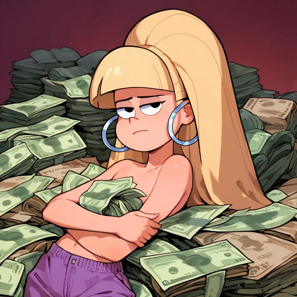 score_9, score_8_up, score_7_up, score_6_up, score_5_up, score_4_up, 1girls, Pacifica, blond hair, topless, covering breasts, hoop earrings, solo, flat chest, laying on a pile of money, posing