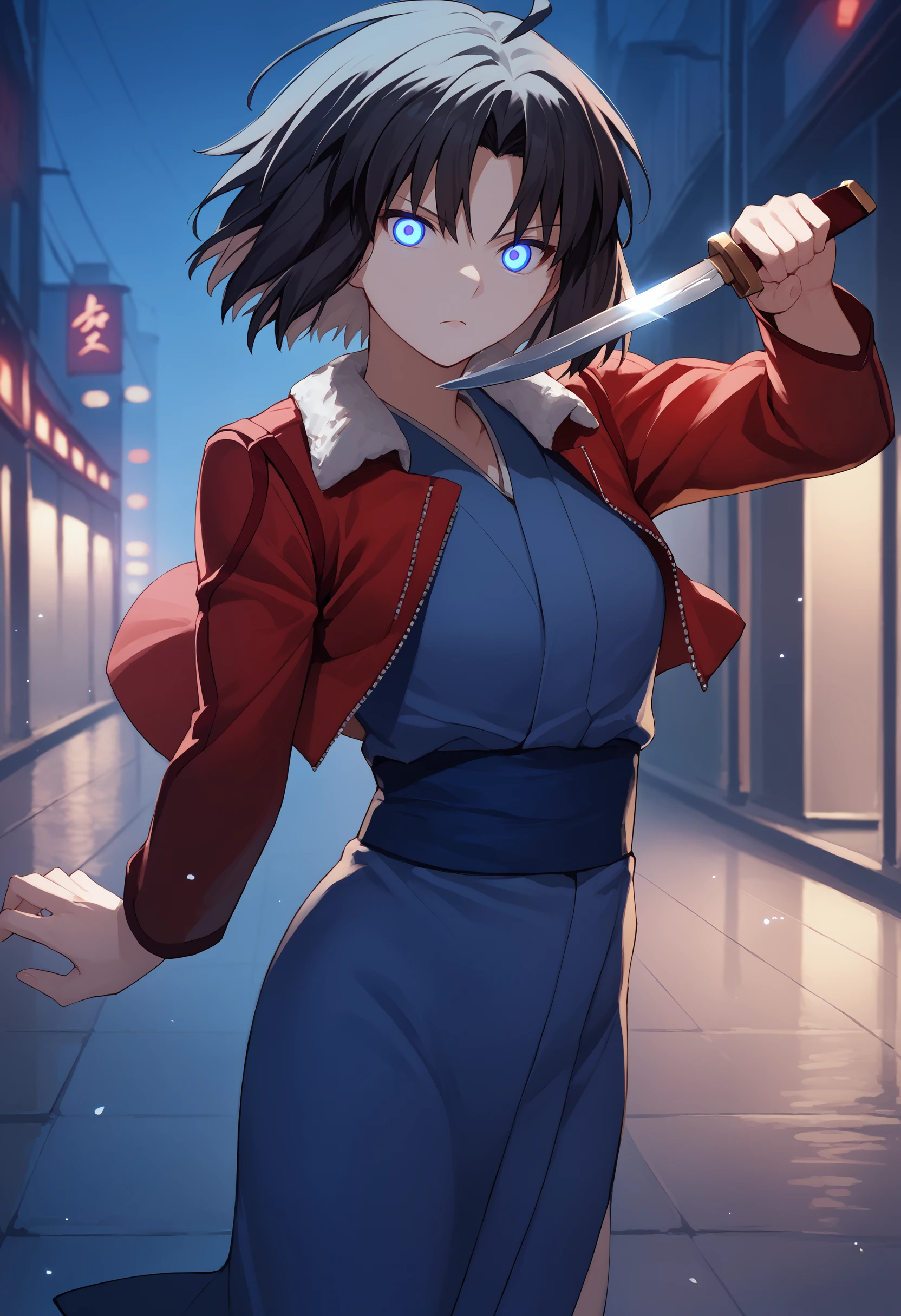 score_9, score_7_up, 1girl,     <lora:Shiki:1> ryougi shiki, short hair, black hair,  blue eyes, glowing eyes, red leather jacket, blue kimono, fur trim, holding knife, looking at viewer, night, city, solo,