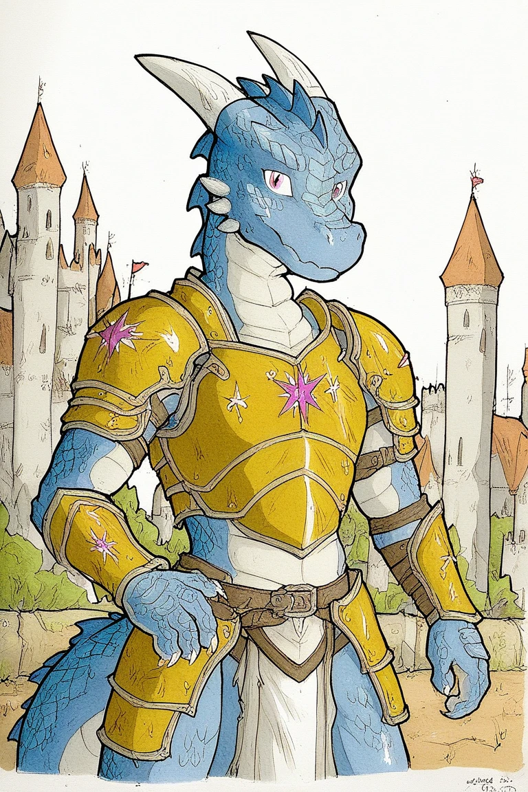 score_6, score_5, score_4, daigaijinTraditionalStyle, traditional media (artwork), watercolor (artwork), anthro, dragon, castle, twilight, magical, solo, scales, blue scales, green scales, clothed, armor, looking at viewer, hi res