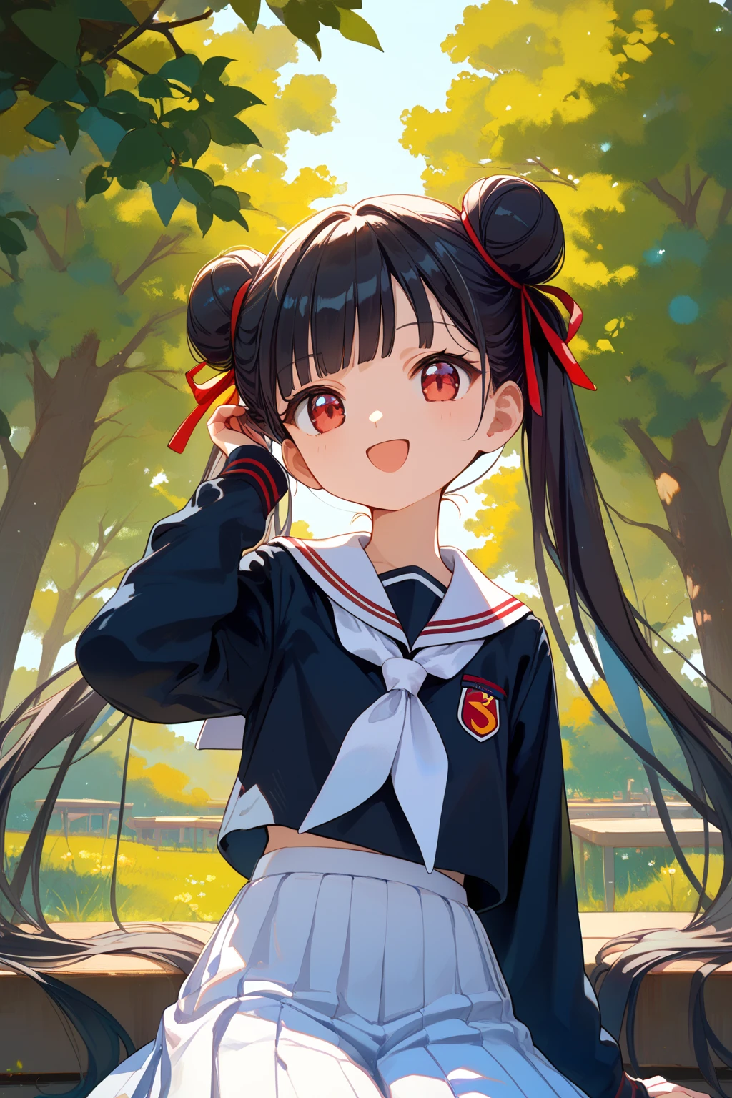 score_9, score_8_up, score_7_up, source_anime,
tree, simple background,
cowboy shot, close up, dynamic angle,
adjusting hair, open smile, sitting
<lora:meiling_autismConfetti_v01:1>
li meiling, black hair, very long hair, twintails, double bun, red eyes,
tomoeda uniform, black shirt, sailor collar, school uniform, white sailor collar, long sleeves, white skirt, pleated skirt, white neckerchief,, zPDXL