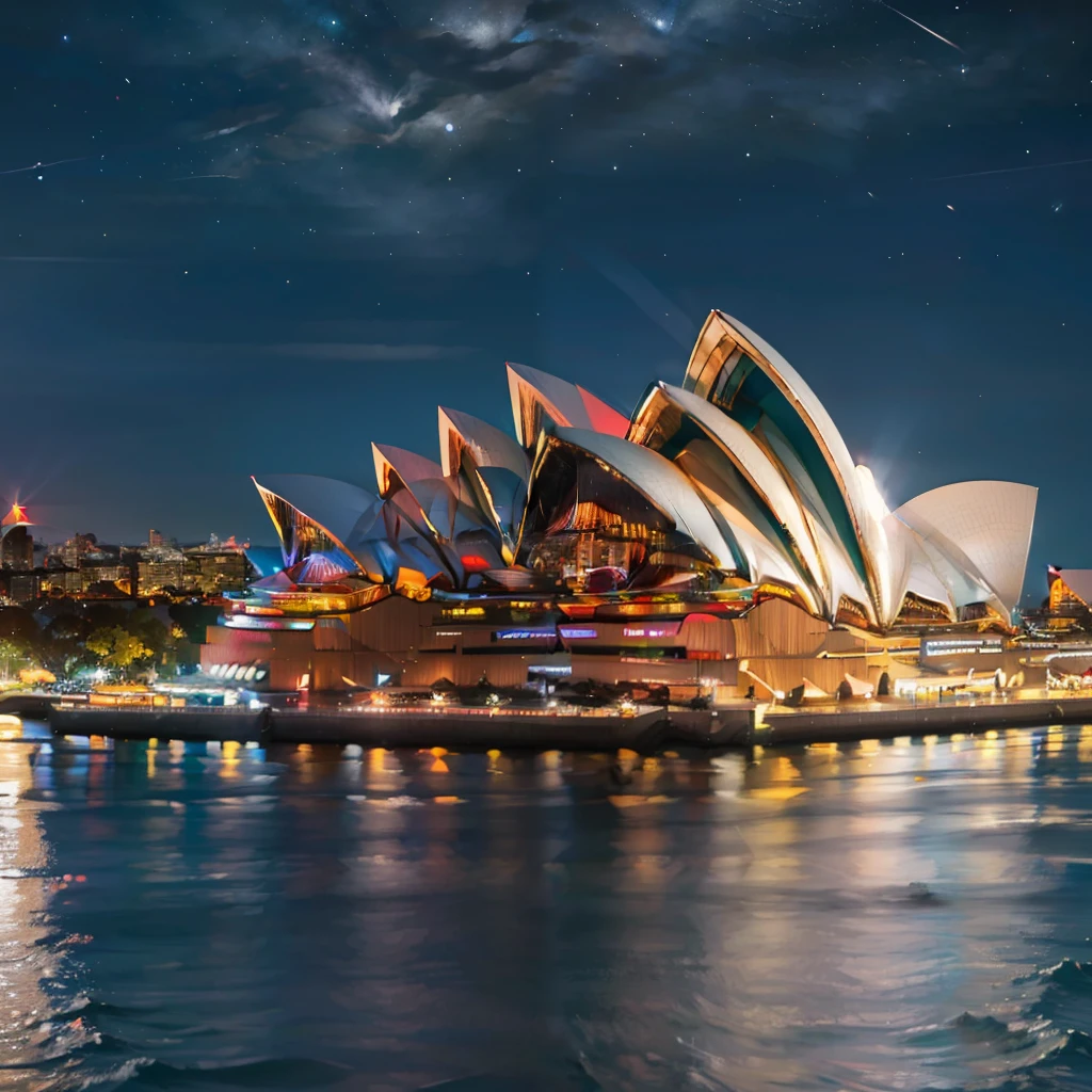 ((masterpiece, best quality)), <lora:Sydney_Opera_House:0.8>, high resolution, highly detailed,  Sydney Opera House, sky, water, tree, night, night sky, reflection, city, cityscape, watercraft, river, boat, city lights