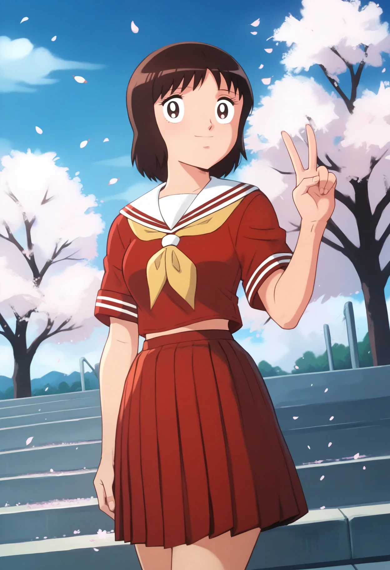 score_9, score_8_up, score_7_up, score_6_up, <lora:CPTTSanae:0.9>, CPTTSanae, brown hair, brown eyes, short hair,
white sailor collar, yellow neckerchief, red serafuku, red shirt, red skirt, white kneehighs, black shoes,
looking at viewer, light smile, v sign, upper body, 
BREAK, school, outdoors, blue sky, cherry blossoms,