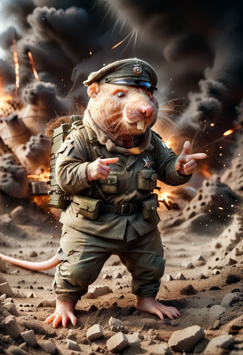 score_9, score_8_up, score_7_up, score_6_up, score_5_up, score_4_up, m0l3r4t, 1boy, rodent, military outfit, military hat, holding weapon, war background, explosion, pointing