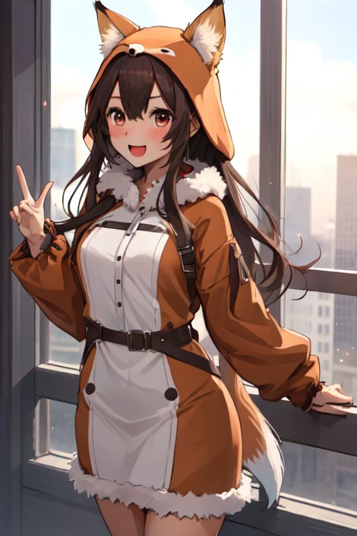 fox costume, 1girl, solo, smile, looking at viewer, blush, open mouth, long sleeves, long hair, brown hair, red eyes, <lora:2dc013dd-fe81-43c2-be22-859354060e23:0.7>