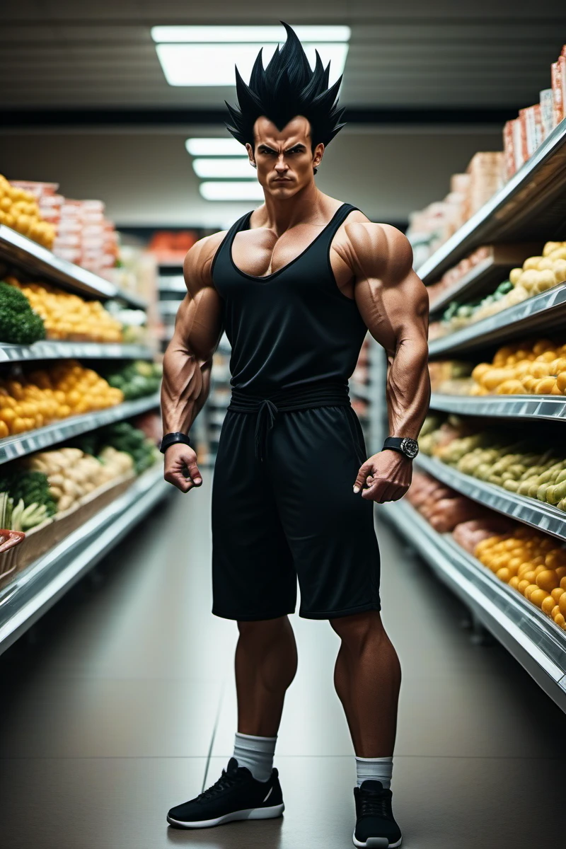 cinematic photo a full body portrait of a muscular man, black spiked hair, solo, stands in a grocery store <lora:Vegeta1024:0.8> . 35mm photograph, film, bokeh, professional, 4k, highly detailed