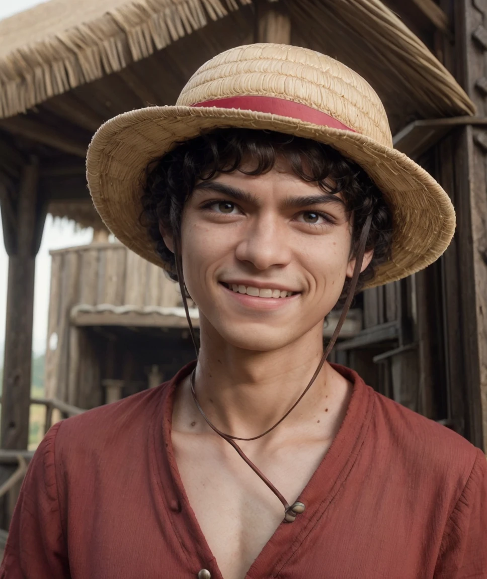 cinematic photo  <lora:quiron_inakigodoyluffy_v010330_Lora:0.87> inakigodoyLuffyQuiron, black hair, hat, realistic, straw hat, solo, male focus, 1boy, looking at viewer, black eyes,   , smile , teeth ,  red shirt , photorealistic, best quality, , . 35mm photograph, film, bokeh, professional, 4k, highly detailed