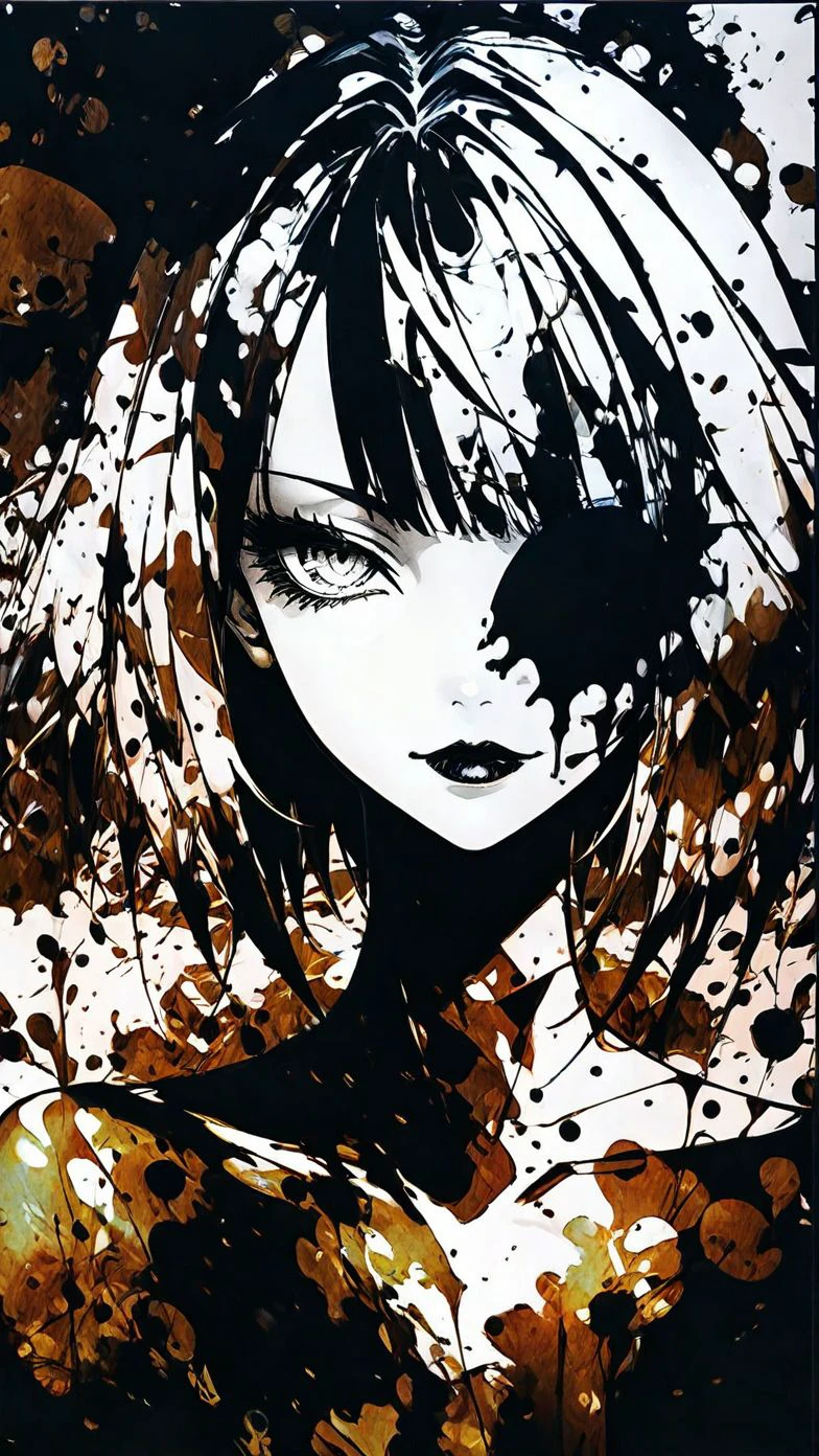 splash art, (abstract:1.2), 1girl, portrait, half demon, monochrome, naked, (silhouette), harada miyuki style, masterpiece, best quality, <lora:harada_miyuki_style:1>