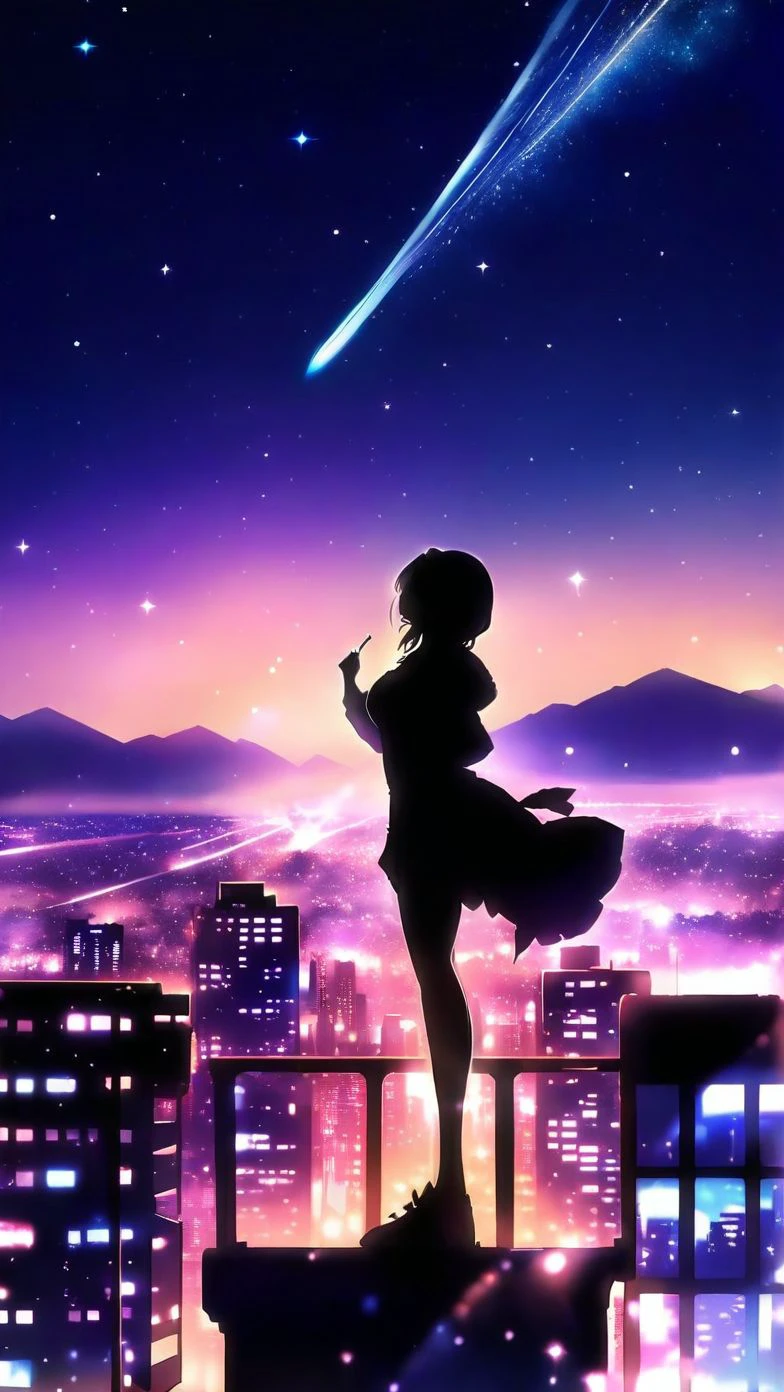 sky, star (sky),scenery,moon,starry sky,shooting star,no humans,outdoors,building,night,city,cityscape,sunset,1girl, from side, (silhouette), harada miyuki style, masterpiece, best quality, <lora:harada_miyuki_style:1>