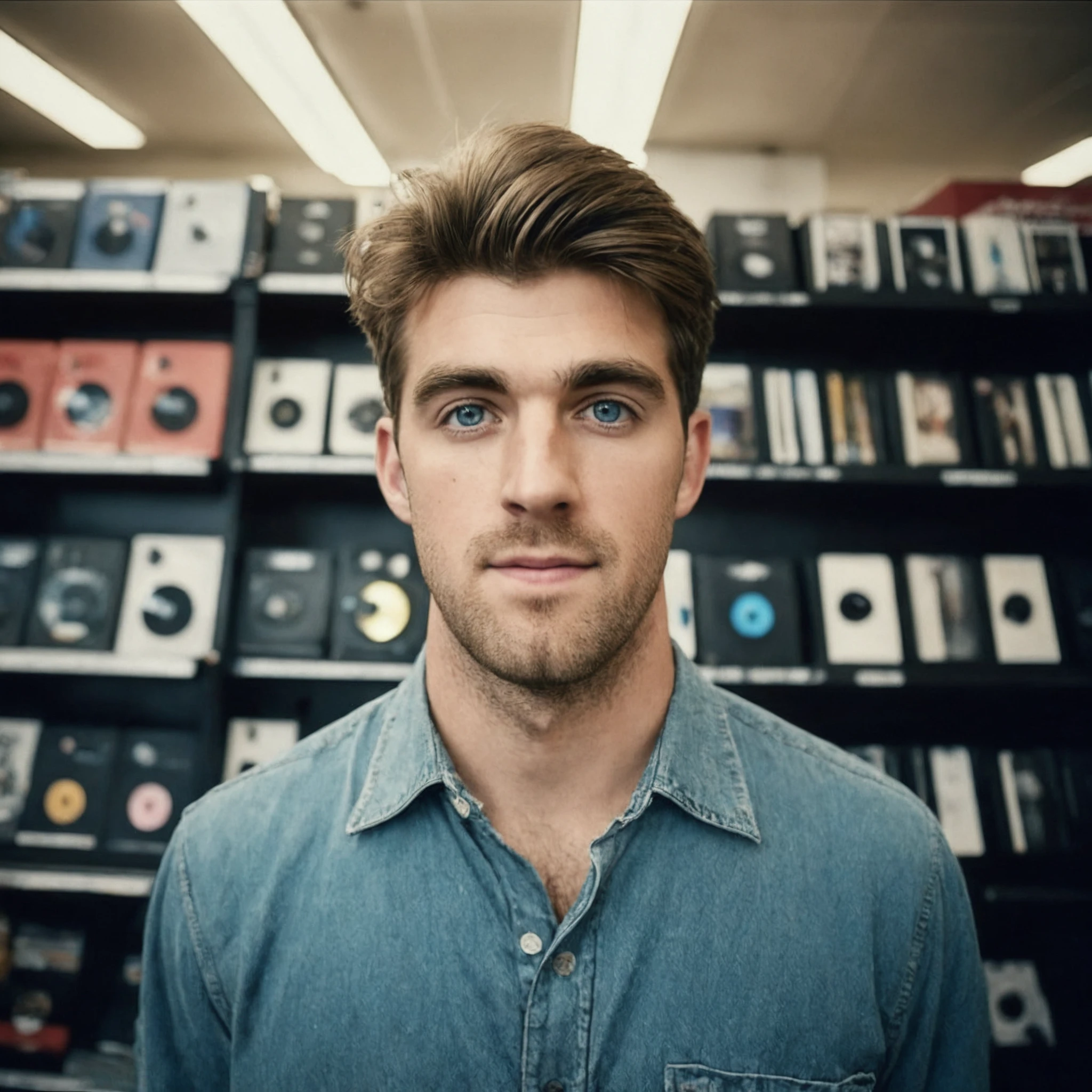 analog film photo AndrwTggrt in a record store, shopping, blue eyes, looking at the viewer, 1995 . faded film, desaturated, 35mm photo, grainy, vignette, vintage, Kodachrome, Lomography, stained, highly detailed, found footage