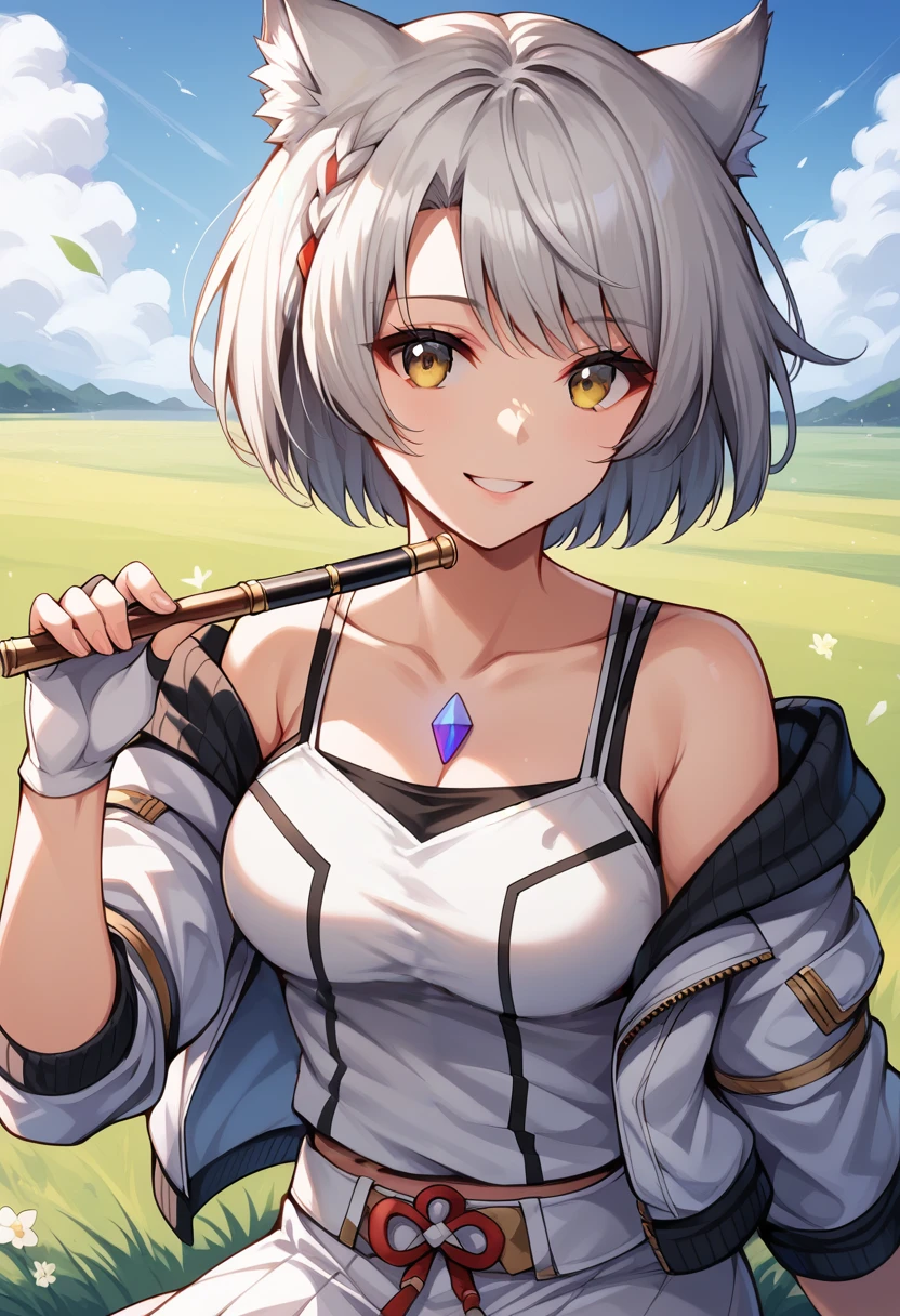 score_9, score_8_up, score_7_up, score_6_up, source_anime, BREAK, <lora:MioXenoblade3:1>, MioXC3, grey hair, short hair, cat ears, white tanktop, chest jewel, open jacket, off shoulder, frilled skirt, pantyhose, fingerless gloves, grass, sky, smile, looking at viewer, holding instrument, flute, wind,  close-up,