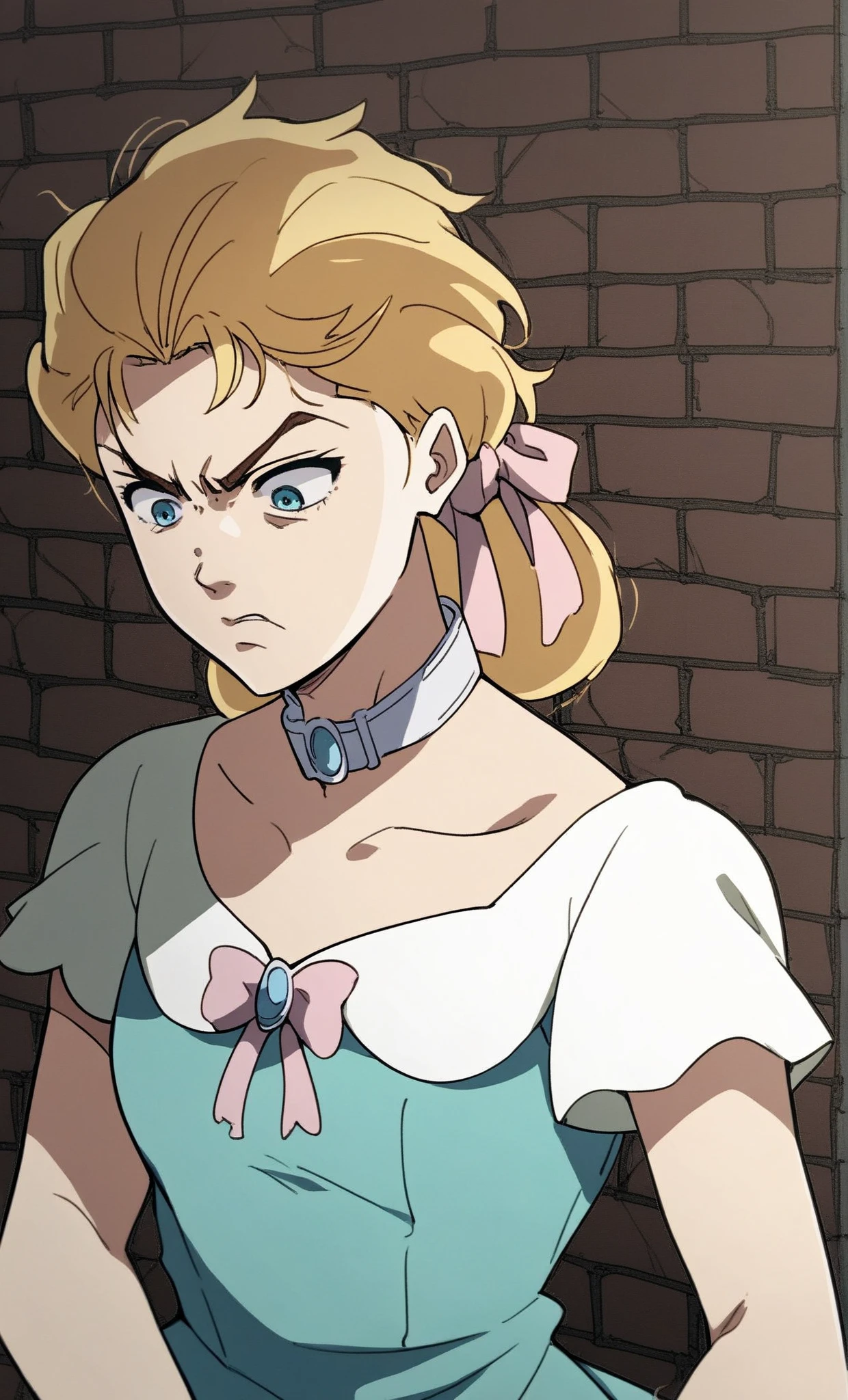 j0j0, score_8_up, score_7_up, source_manga, rating_questionable, <lora:j0j0XLP:0.4>, er1n4a, girl, blonde hair, messy hair, pink ribbons, jewelled choker, angry expression, looking down, shirt, teal dress, upper body, brick wall background, <lora:JoJos_Bizarre_Adventure_Erina_Pendleton_-_Pony:0.8> , (profiles:0.4)