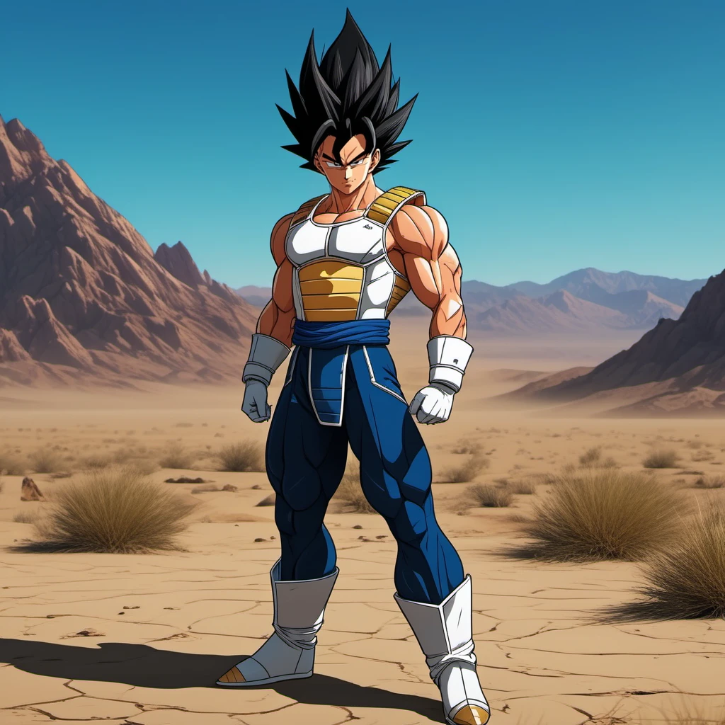 anime artwork full body portrait of a muscular man, black spiked hair, saiyan armor, solo, in the desert<lora:Vegeta1024:0.8>  . anime style, key visual, vibrant, studio anime,  highly detailed