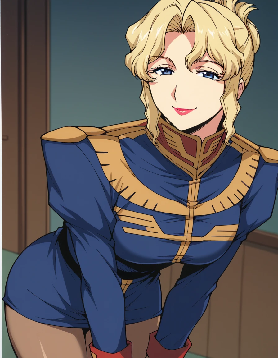 score_9, score_8_up, score_7_up, source_anime, <lora:jane-contie-manga-ponyxl-lora-nochekaiser:1>, jane contie, blue eyes, blonde hair, large breasts, makeup, lipstick, mature female, folded ponytail, sidelocks,, pantyhose, uniform, military, military uniform, epaulettes, high collar, indoors, bent over, smile, smug, looking at viewer, solo,, cowboy shot, dutch angle