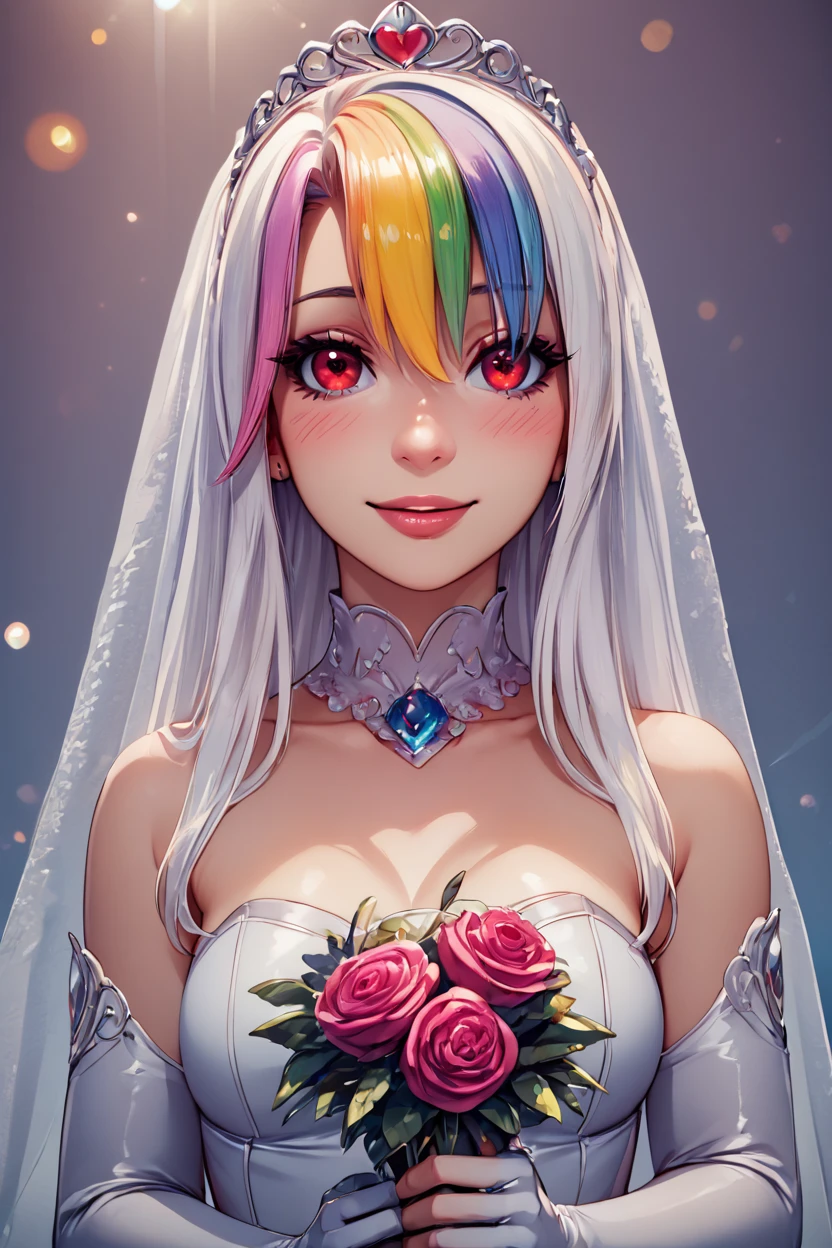 score_9, score_8_up, score_8, medium breasts, (curvy), cute, eyelashes,       BREAK, , <lora:RoxyCitronOCPDXL_v2:0.8>,  Roxy_Citron_OC,  1girl, solo, red eyes, white hair, rainbow hair, long hair, streaked hair, hair between eyes,, BREAK, (ultra realistic,32k, masterpiece:1.2),(high detailed skin:1.1),( high quality:1.1), curvy, head tilt, hearts, blush, lips, curvy, head tilt, shiny clothes, (upper body), looking at viewer, bokeh, luminescent background, smile, looking at viewer,  bride, wedding dress, bridal veil, strapless dress, elbow gloves,  holding bouquet,  hearts, white outline, cowboy shot, embedding:zPDXL, Expressiveh,  <lora:RlAnmPDXL:1.0>,