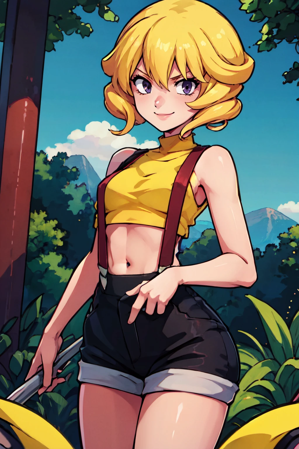 ((masterpiece,best quality)), absurdres,  BREAK, , <lora:Domino_Pokemon:0.7>, zzDomino, purple eyes, blonde hair, drill hair, , BREAK,  <lora:Misty_Pokemon_Cosplay_v3:0.8>,  misty (pokemon) (cosplay), yellow crop top, suspenders,, BREAK, solo, smile, looking at viewer, cowboy shot,