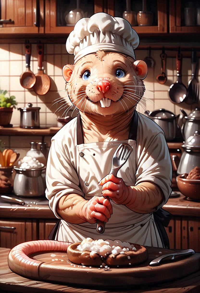 score_9, score_8_up, score_7_up, score_6_up, score_5_up, score_4_up, m0l3r4t, rodent, holding fork, smile, kitchen, wearing chef hat, wearing apron, upper body