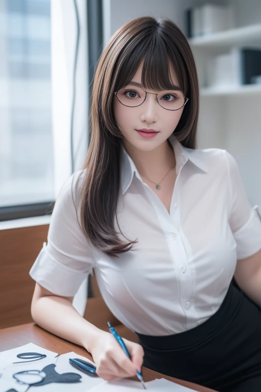 ltra-detailed,highly detailed,best quality,masterpiece,illustration, drawing, realistic, photorealistic,
office_lady, 1girl, solo,
dress shirt, collared shirt,
white shirt,
long hair, bangs,
looking at viewer, upper body,
indoors, office,
<lora:office lady_v1_04:0.8>