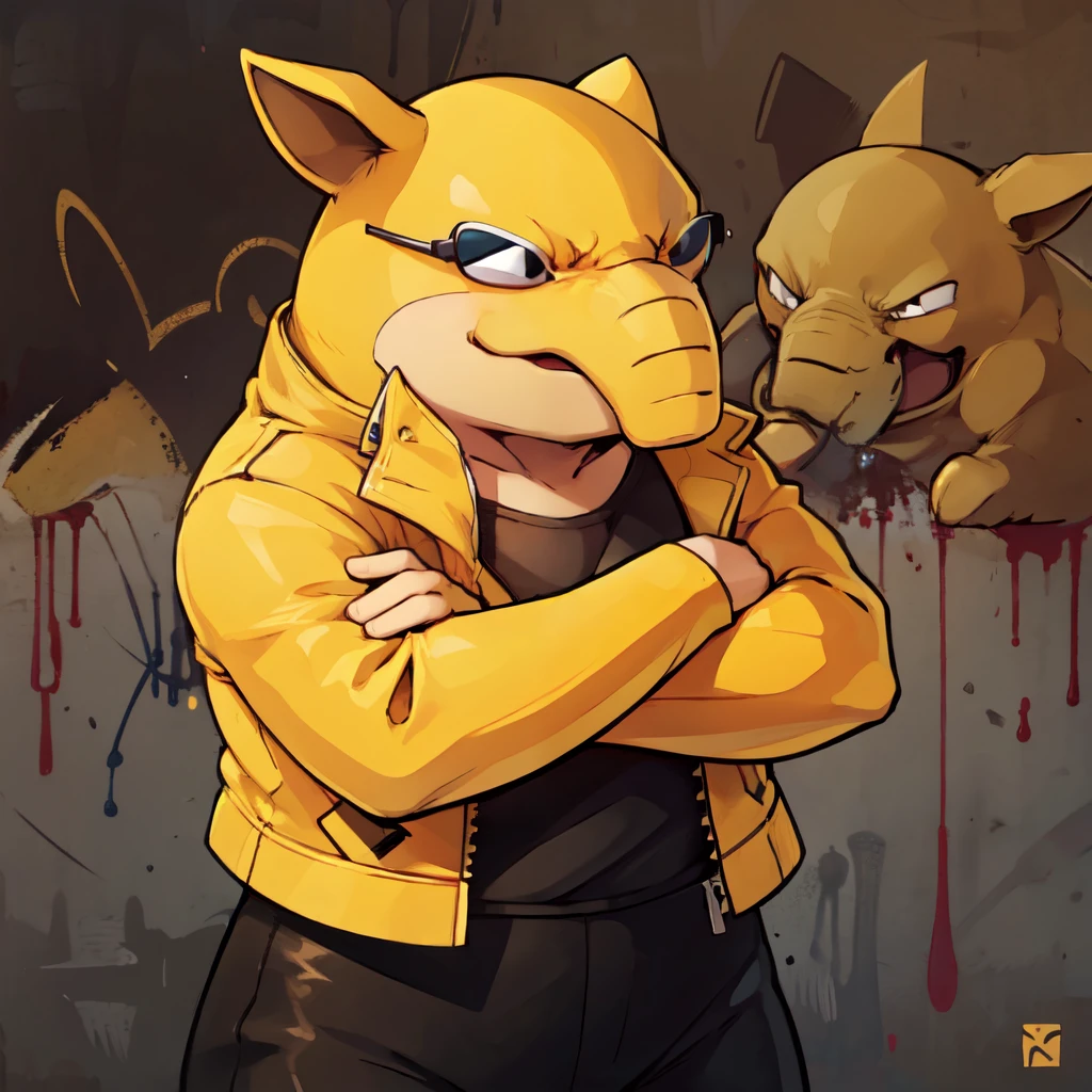 ((masterpiece,best quality)), absurdres, <lora:Drowzee_Pokemon:0.7>,  (sunglasses), zzDrwz, smile, standing, upper body, graffiti, crossed arms,  leather pants, leather jacket,